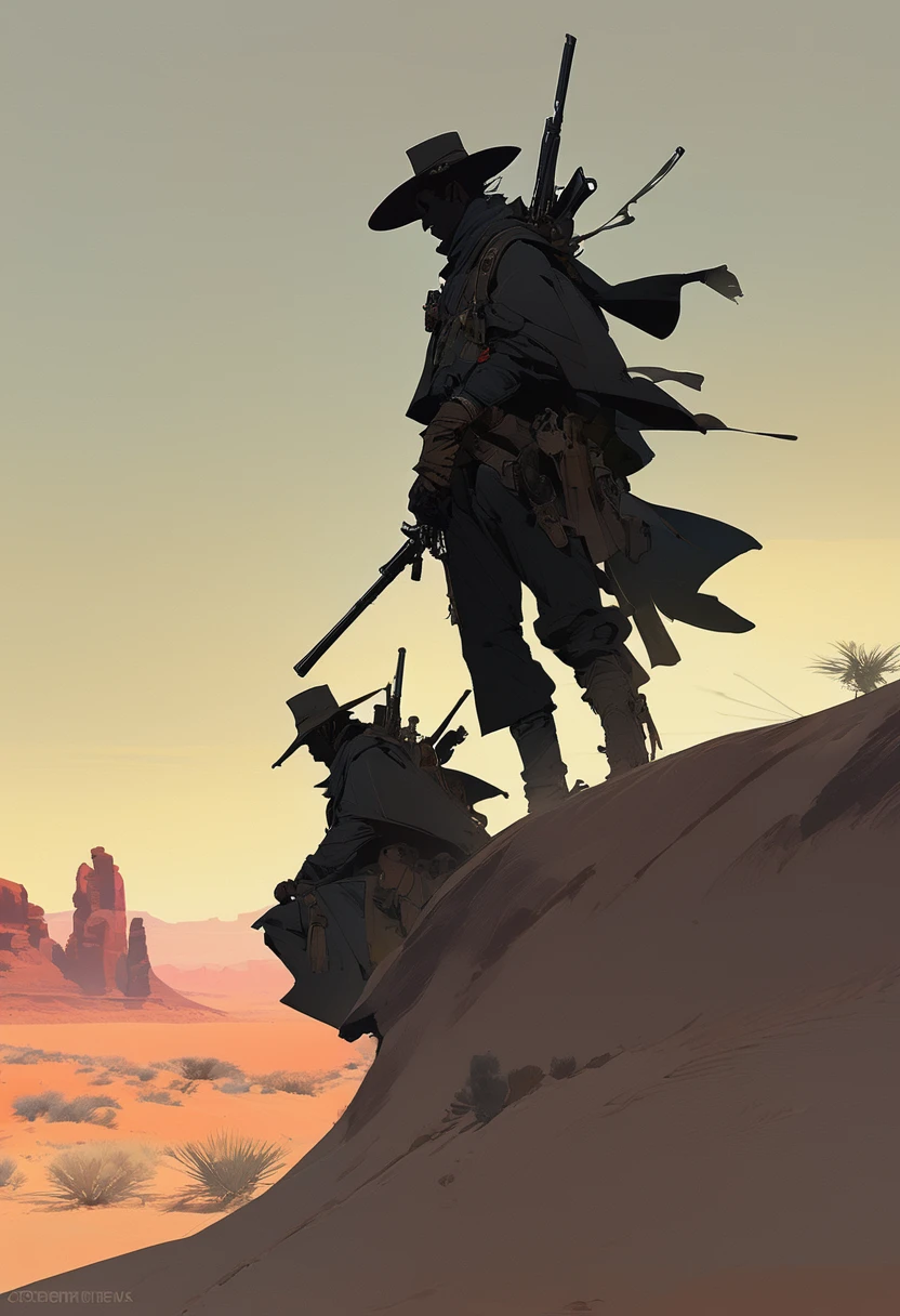 score_9, score_8_up, score_7_up, score_6_up, score_5_up, score_4_up, 2man, Western, gunslingers, dueling, Desert, red sun, scorching sun, arid, silhouette, black clothes, Horizon, far away, Jakub Rebelka style