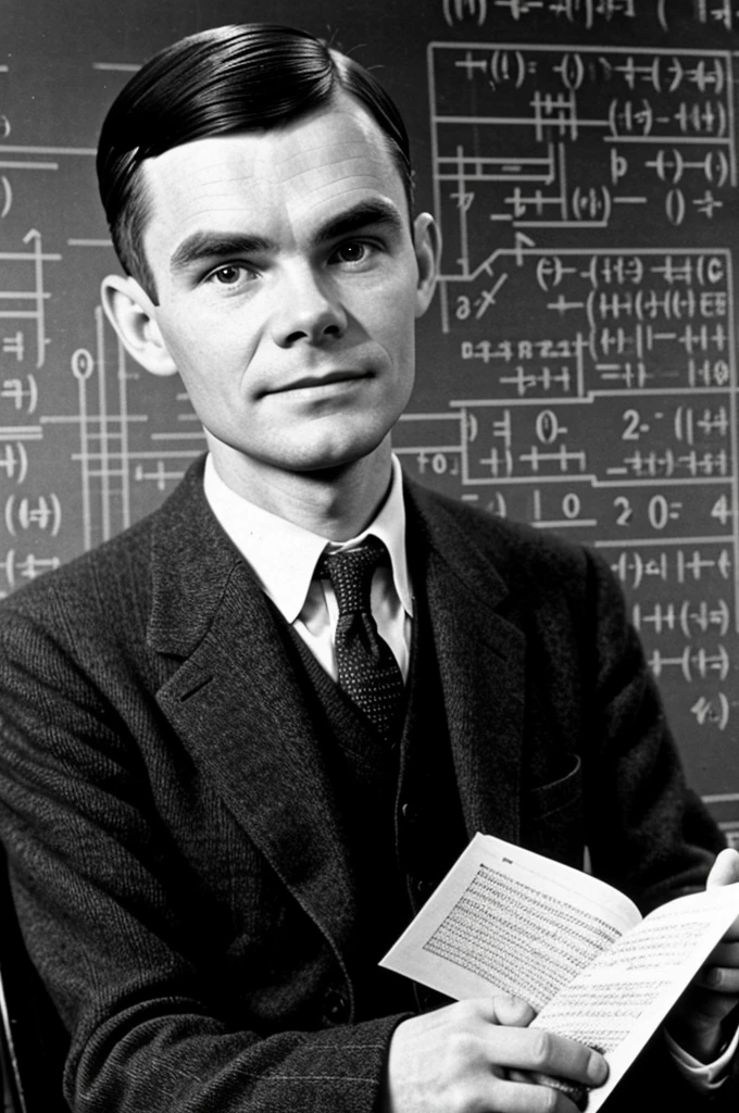 Alan Turing with mathematical formulas behind him.