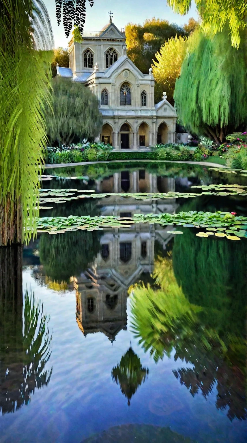 This is a Monet style painting.，池塘中间有Mona Lisa Sculpture，Mona Lisa Sculpture(很美丽的Mona Lisa Sculpture），Western-style church，There is a reflection on the surface of the water，There are green trees on both sides of the pond，Leaves