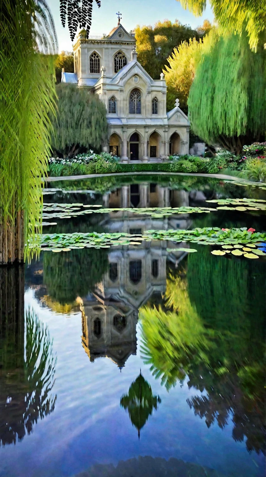 This is a Monet style painting.，池塘中间有Mona Lisa Sculpture，Mona Lisa Sculpture(很美丽的Mona Lisa Sculpture），Western-style church，There is a reflection on the surface of the water，There are green trees on both sides of the pond，Leaves