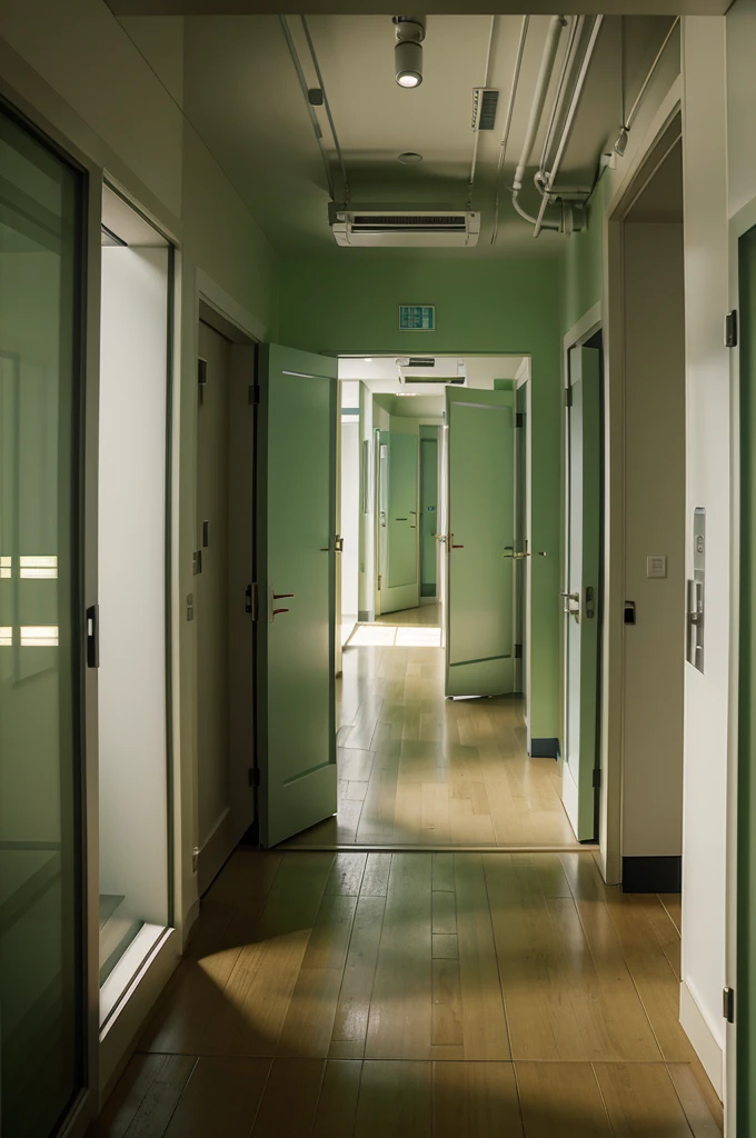 a technology lab hallway, 2 side is big open window, outside window is green garden blur by deep of field