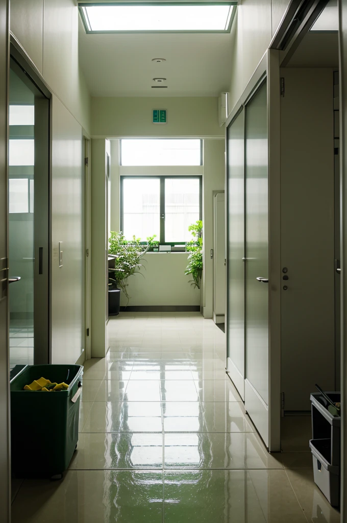 a technology lab hallway, 2 side is big open window, outside window is green garden blur by deep of field