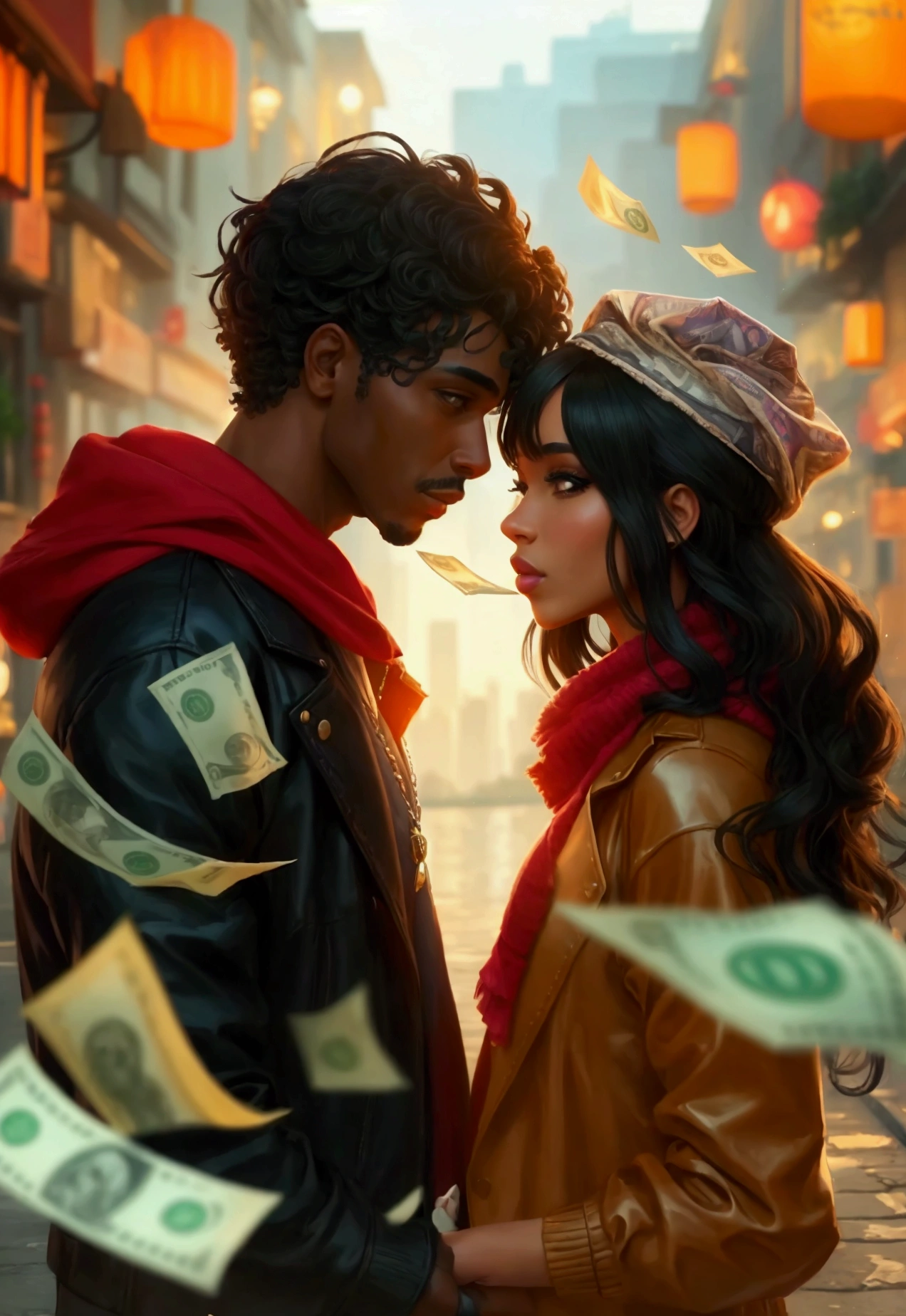 a romantic city in the background, a beautiful couple black man and latin woman, romantic posture, Casual clothes, many luxury and money bills in the air, hyperrealistic image, artistic, Surreal, 8k, imagen artistic