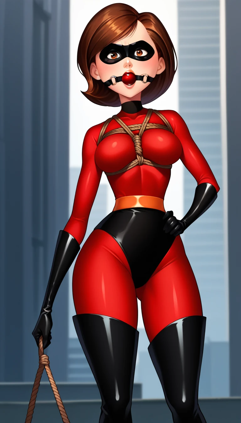 score_9, score_8_up, score_7_up, score_6_up, score_5_up, score_4_up, looking at viewer, hand on own hip, cowboy shot,helen parr, 1girl, solo, brown hair, brown eyes, red bodysuit, domino mask, elbow gloves, lips, yellow belt, thigh boots,outdoors, open mouth, ball gag in mouth, tied with ropes, shibari, hishi karada, whole body, sexy, big breasts 