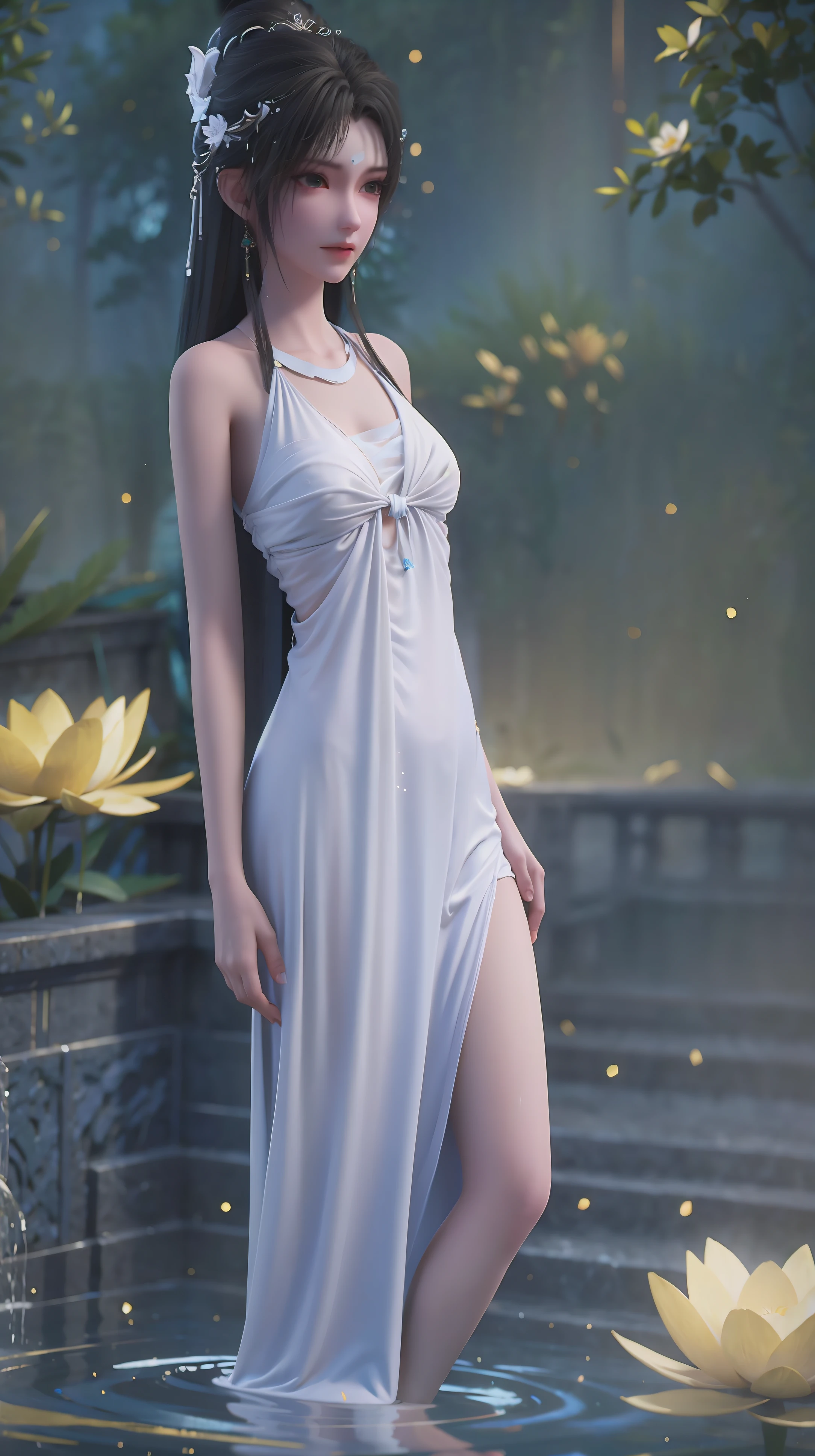 A girl bathing in water,Showering above the shoulders while bathing in water,Wearing full body pajamas,Hold your hands to your chest,Cover your chest with your hands,Golden glowing lotus on the water,Only the shoulders are exposed in the water,White clothes ,Wear white clothes