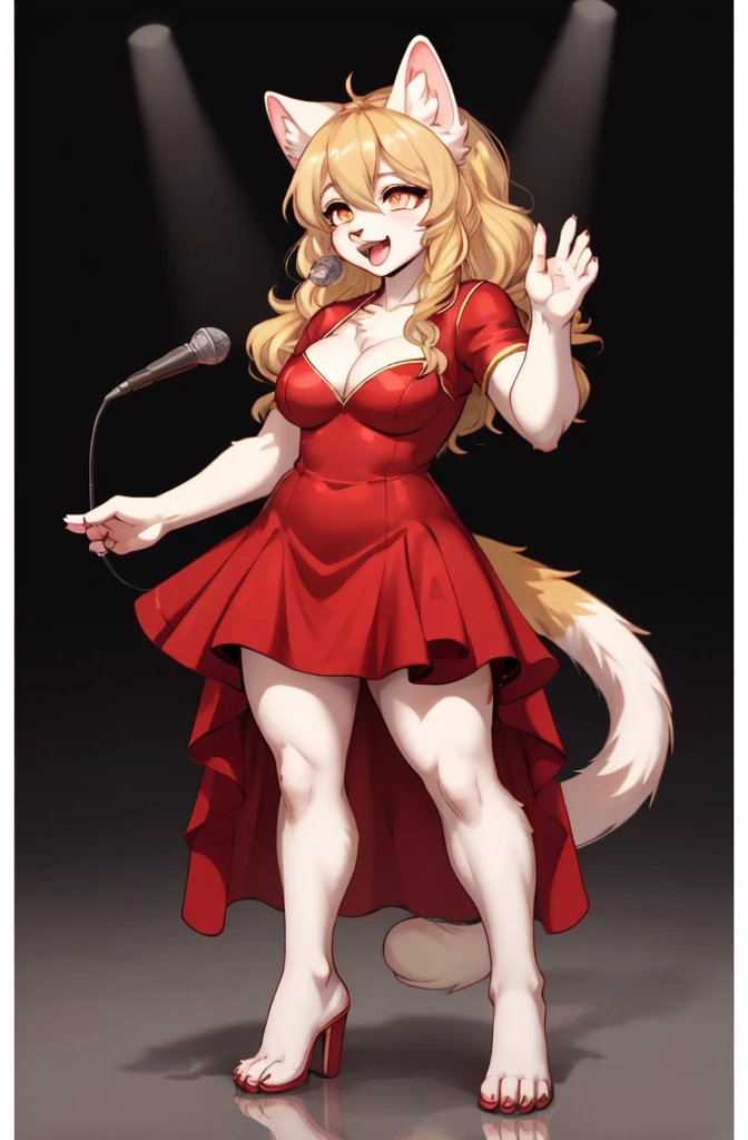 best qualityer, full - length portrait, 精致的面容, feline woman, curly blonde hair, singing, jazz, breasts big, tight and shiny red dress.