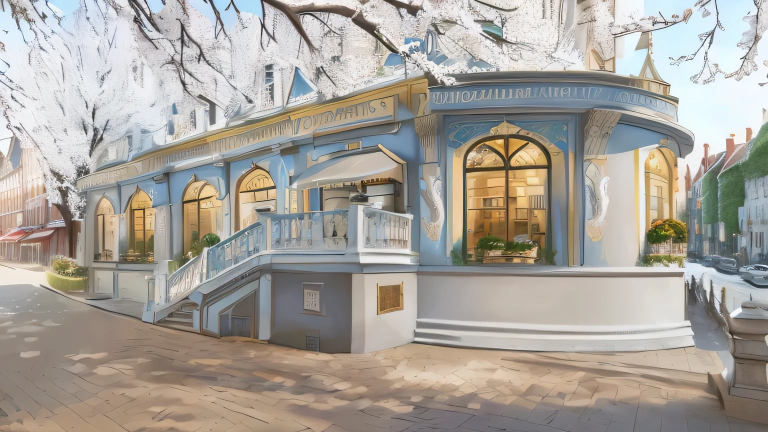 European swan theme restaurant facade HD hand-painted scene original painting color pencil style structure clearly visible 4k high resolution 