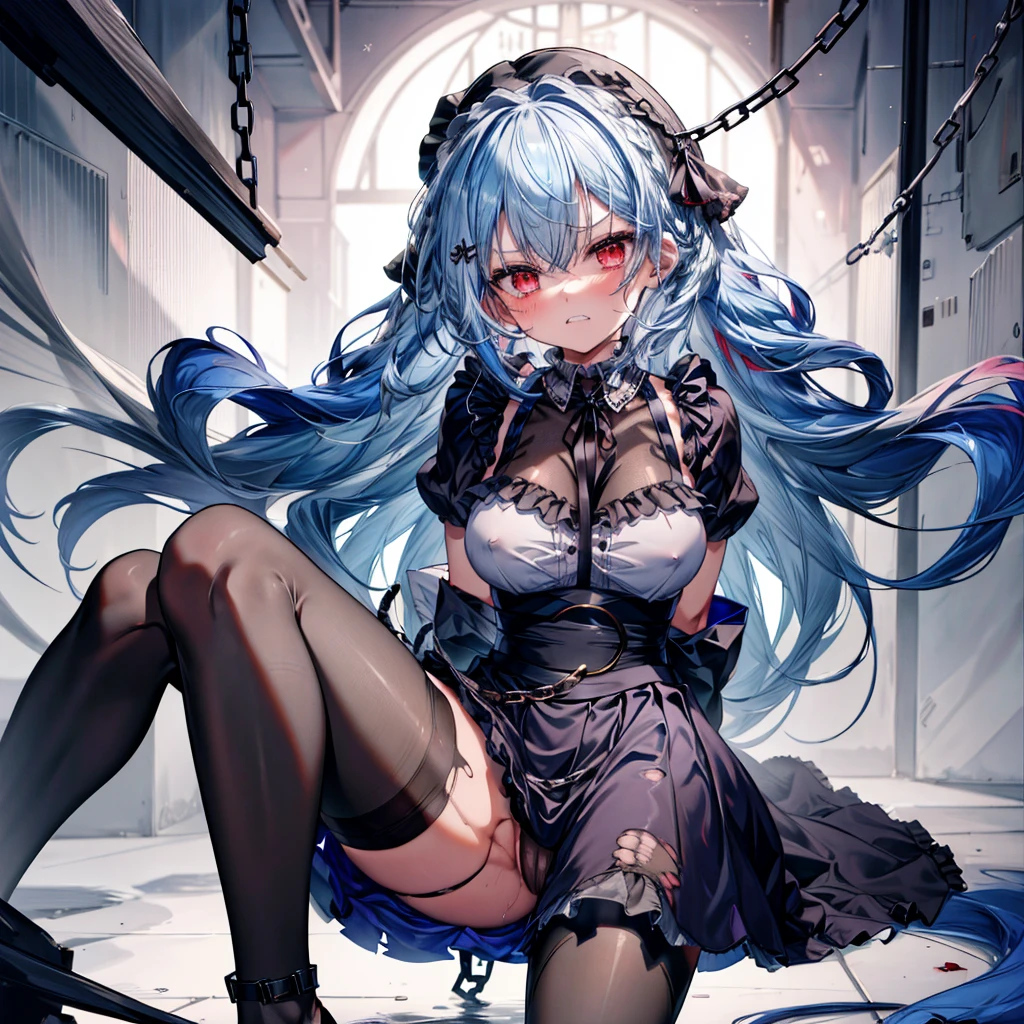((Highest quality)), ((masterpiece)), ((detailed)), nsfw, a girl who is dressed as witch or maid with chains on her, 1girl, maid, 独奏, BDSM, bound, bondage, chain, maid headdress, long hair, breasts, blue hair, (angry), clenched teeth, blush, rope, (torn clothes), erect nipples, pantyhose, panties under pantyhose, torn pantyhose, frilled shirt, torn shirt, pussy, sweat, blood, wet, spread legs, feet up, restrained, arms behind back, large breasts, looking at viewer, prison, torture
