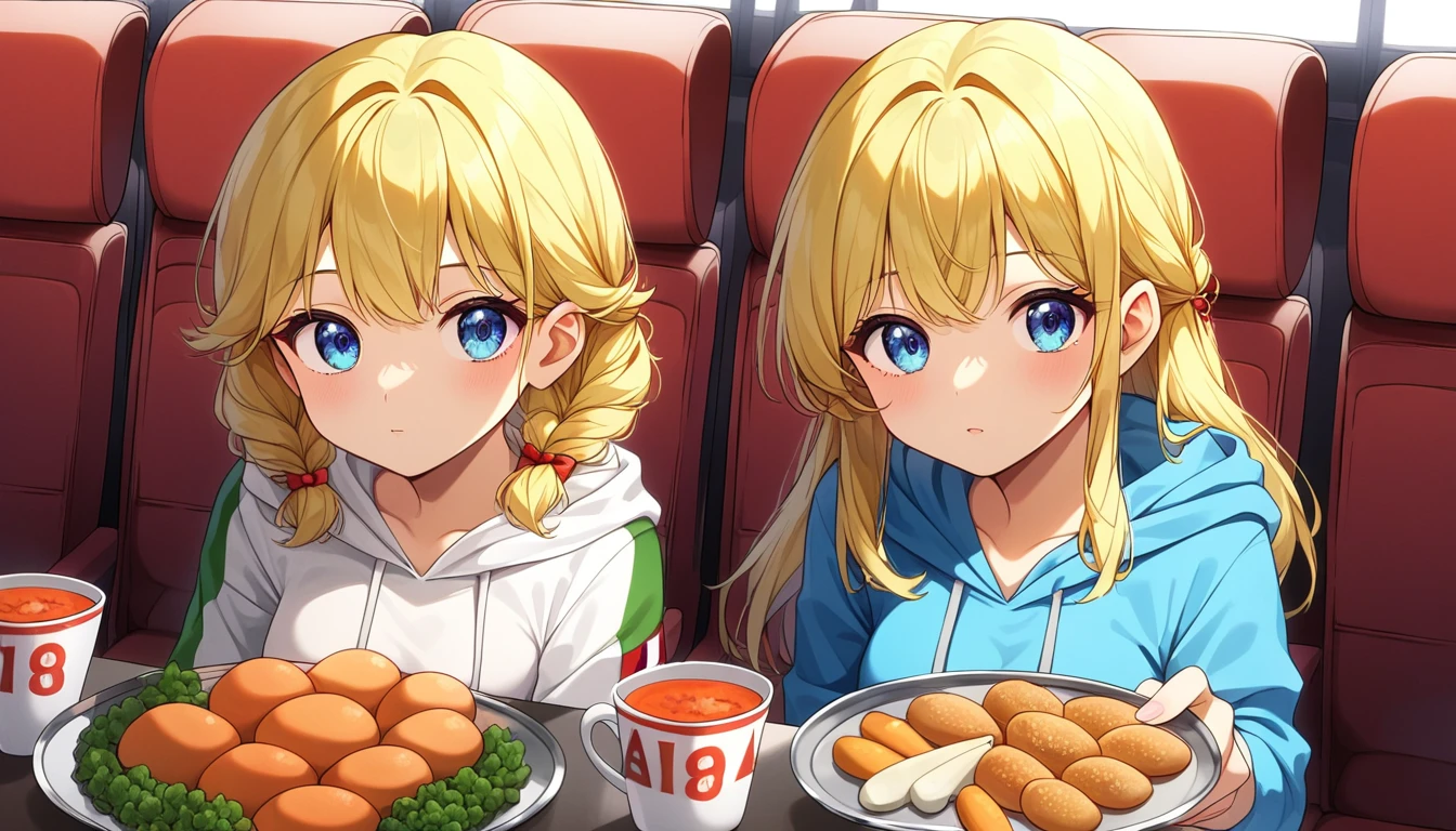 ((2girls:1.3)), ((hoodie:1.3)), ((movie theatre:1.3)), ((curious:1.3)), ((food tray:1.3)), ((italian full course meal:1.3)), ((fruit juice pitcher:1.3)), ((garlic bread:1.3)), ((moe style:1.3)), ((perfect face)), ((extremely cute:1.3)), ((masterpiece:1.3)), ((8k)), ((best quality:1.3)), ((beautiful)), ((extremely detailed:1.3)) , ((absurdres)), AddXL, ((score_9:1.3)), ((score_8_up:1.3)), ((score_7_up:1.3)), Expressiveh