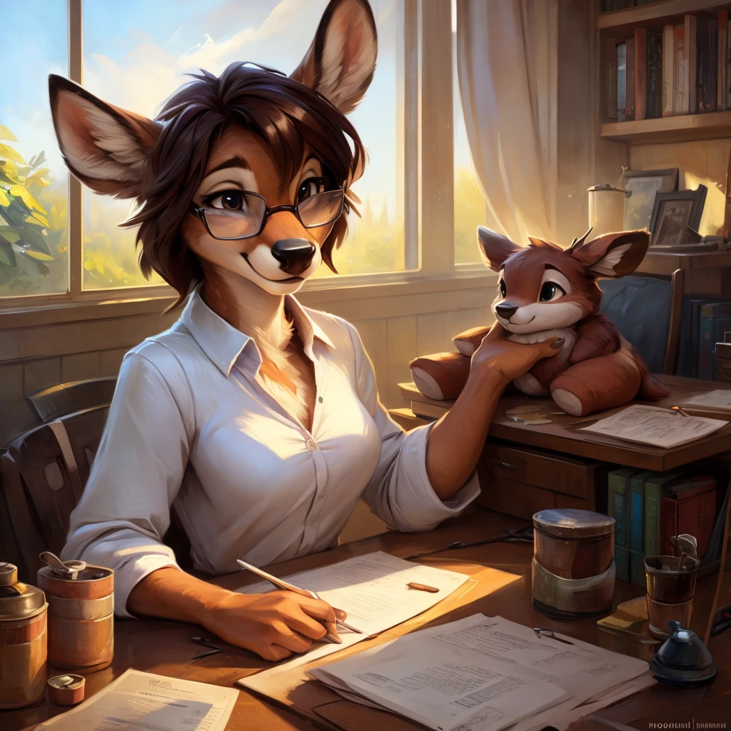 uploaded on e621, by Pixelsketcher, by Bayard Wu, by Thomas Benjamin Kennington , by Einshelm, by hioshiru and kenket, Chunie, portrait, solo anthro female deer doe, with small featureless breasts, clear dark blue, cinematic lighting, day, sunny day, Workspace, sitting at a desk, Workspace background, shiny, shoulder long curly dark brown hair, wears big black nerd glasses, very very beautiful furry art, furry art, smiling, joyful, shiny, happy, feminine, cute face, muzzle, fluffy chest, flawless face, Fallow deer, 1girl, Sakimichan is beautiful, Masterpiece, Wavethesallow Face, shiny, Detailed image, portrait, Detailed image, portrait, full body, wearing wide, long, white blouse, shiny, realistic face, perfect anatomy, hourglass body, (furry body:1.1), anthropomorphic deer, small fluffy tail, detailed background, (cute anatomy:1.1), focused on work, sewing a plushie, working on a plushie, sewing