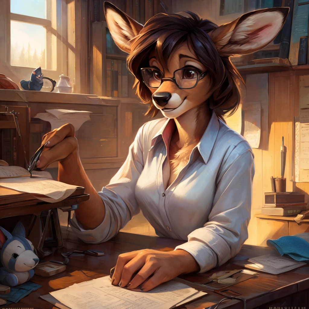 uploaded on e621, by Pixelsketcher, by Bayard Wu, by Thomas Benjamin Kennington , by Einshelm, by hioshiru and kenket, Chunie, portrait, solo anthro female deer doe, with small featureless breasts, clear dark blue, cinematic lighting, day, sunny day, Workspace, sitting at a desk, Workspace background, shiny, shoulder long curly dark brown hair, wears big black nerd glasses, very very beautiful furry art, furry art, smiling, joyful, shiny, happy, feminine, cute face, muzzle, fluffy chest, flawless face, Fallow deer, 1girl, Sakimichan is beautiful, Masterpiece, Wavethesallow Face, shiny, Detailed image, portrait, Detailed image, portrait, full body, wearing wide, long, white blouse, shiny, realistic face, perfect anatomy, hourglass body, (furry body:1.1), anthropomorphic deer, small fluffy tail, detailed background, (cute anatomy:1.1), focused on work, sewing a plushie, working on a plushie, sewing