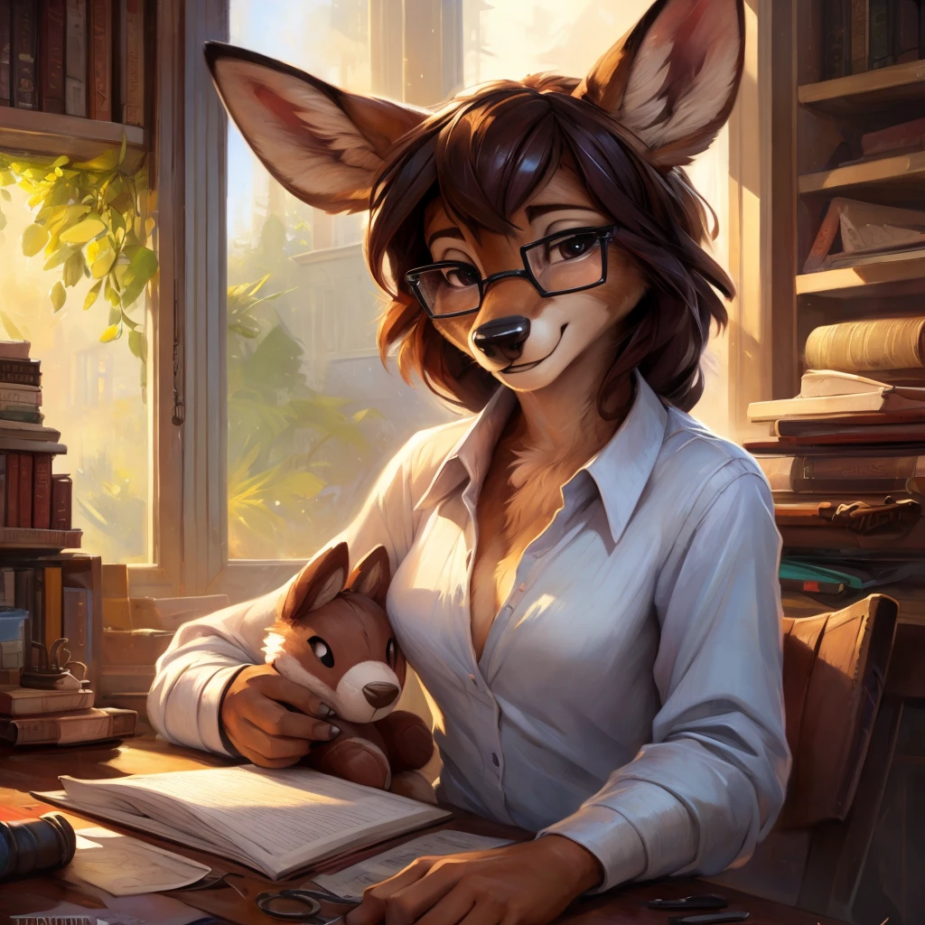 uploaded on e621, by Pixelsketcher, by Bayard Wu, by Thomas Benjamin Kennington , by Einshelm, by hioshiru and kenket, Chunie, portrait, solo anthro female deer doe, with small featureless breasts, clear dark blue, cinematic lighting, day, sunny day, Workspace, sitting at a desk, Workspace background, shiny, shoulder long curly dark brown hair, wears big black nerd glasses, very very beautiful furry art, furry art, smiling, joyful, shiny, happy, feminine, cute face, muzzle, fluffy chest, flawless face, Fallow deer, 1girl, Sakimichan is beautiful, Masterpiece, Wavethesallow Face, shiny, Detailed image, portrait, Detailed image, portrait, full body, wearing wide, long, white blouse, shiny, realistic face, perfect ???????, hourglass body, (furry body:1.1), anthropomorphic deer, small fluffy tail, detailed background, (cute ???????:1.1), focused on work, sewing a plushie, working on a plushie, sewing
