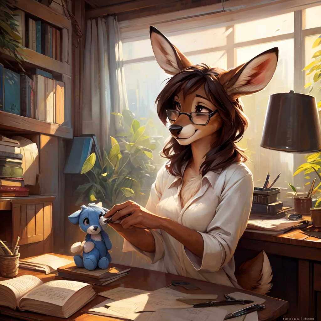 uploaded on e621, by Pixelsketcher, by Bayard Wu, by Thomas Benjamin Kennington , by Einshelm, by hioshiru and kenket, Chunie, portrait, solo anthro female deer doe, with small featureless breasts, clear dark blue, cinematic lighting, day, sunny day, Workspace, sitting at a desk, Workspace background, shiny, shoulder long curly dark brown hair, wears big black nerd glasses, very very beautiful furry art, furry art, smiling, joyful, shiny, happy, feminine, cute face, muzzle, fluffy chest, flawless face, Fallow deer, 1girl, Sakimichan is beautiful, Masterpiece, Wavethesallow Face, shiny, Detailed image, portrait, Detailed image, portrait, full body, wearing wide, long, white blouse, shiny, realistic face, perfect anatomy, hourglass body, (furry body:1.1), anthropomorphic deer, small fluffy tail, detailed background, (cute anatomy:1.1), focused on work, sewing a plushie, working on a plushie, sewing
