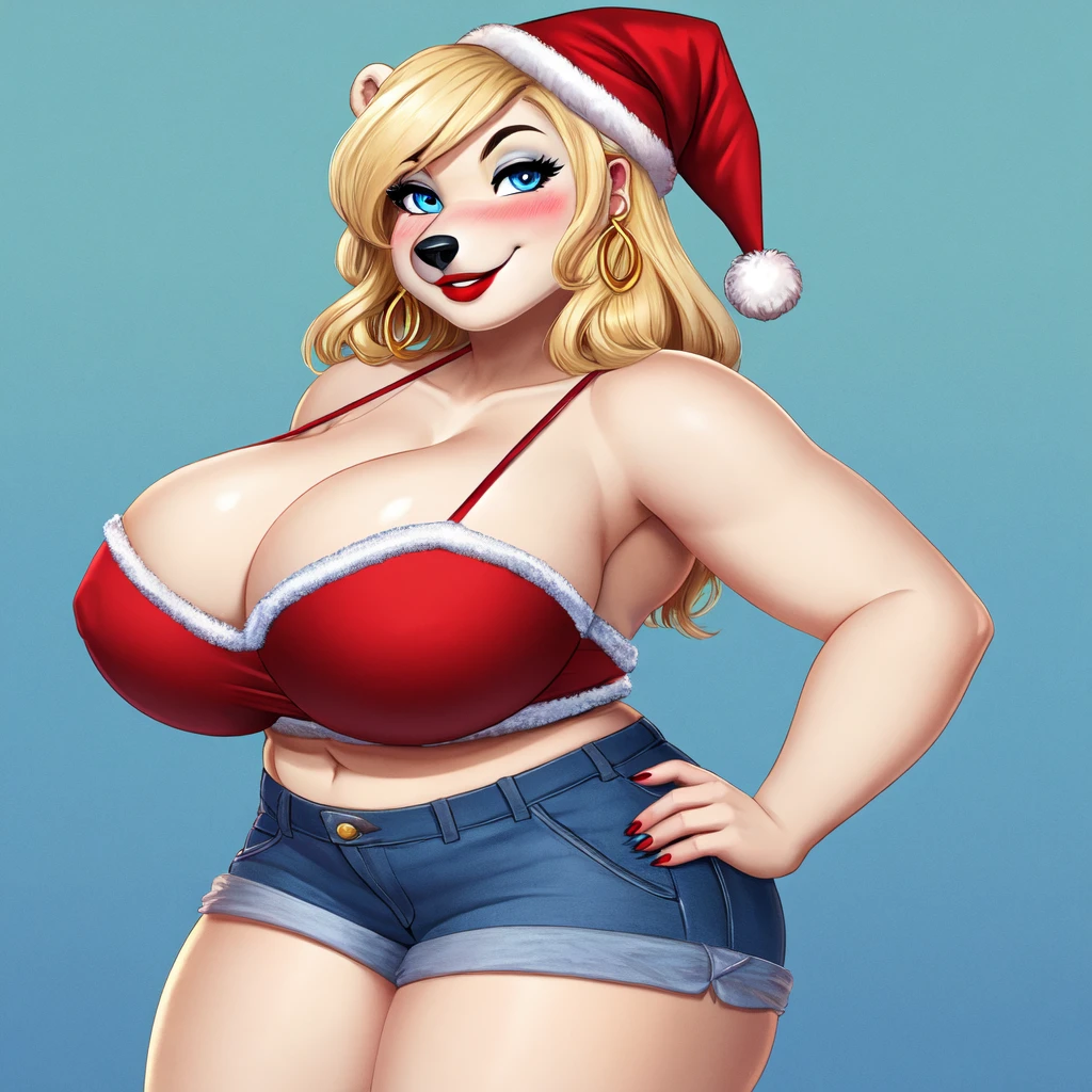 Blonde polar bear woman, wearing a Christmas bikini top and jean shorts, perfect face, blue eyes, big breasts, cleavage, three-quarter view, solo, smile, perfect detailed body, red lipstick, gold earring, hand on hips, blushing