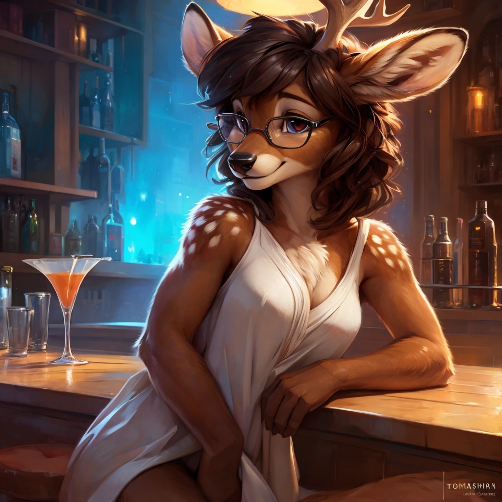 uploaded on e621, by Pixelsketcher, by Bayard Wu, by Thomas Benjamin Kennington , by Einshelm, by hioshiru and kenket, Chunie, portrait, solo anthro female deer doe, tiny featureless breasts, tiny breasts, clear dark blue, cinematic lighting, sitting on a bar counter, sitting inside at a party bar, night club background, shiny, short curly dark brown hair, shoulder length hair, wears big black nerd glasses, very very beautiful furry art, furry art, thoughtful, shiny, feminine, cute face, muzzle, fluffy chest, flawless face, Fallow deer, 1girl, Sakimichan is beautiful, Masterpiece, Wavethesallow Face, shiny, Detailed image, Detailed background, portrait, Detailed image, portrait, wears pure white wide, big blouse, shiny, realistic face, perfect anatomy, hourglass body, anthropomorphic deer, happy, very happy, small ears, huge black nerd glasses, wide happy eyes, smiles, big smile, holdind a cocktail glass, hourglass body, (furry body:1.1), anthropomorphic deer, small fluffy tail, detailed background, (cute anatomy:1.1), looks into the distance, sexy, sexy look