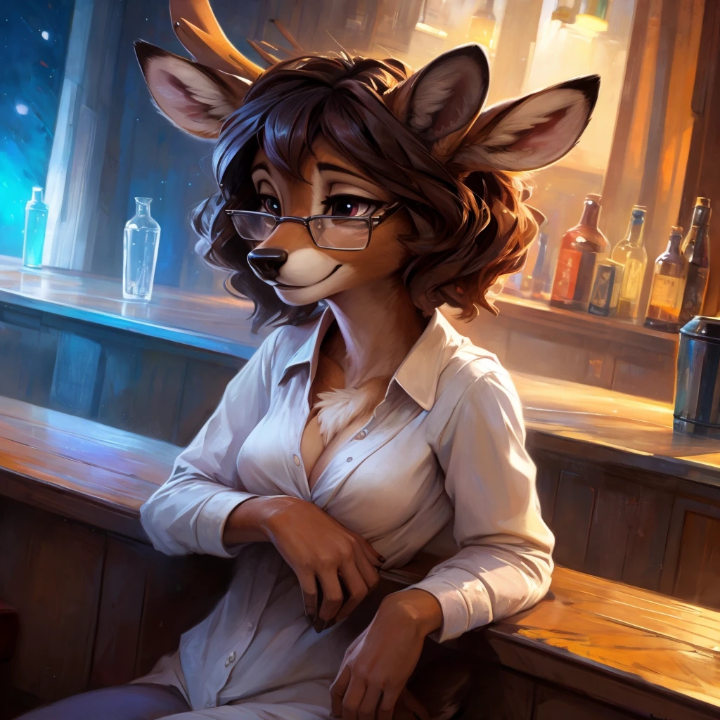 uploaded on e621, by Pixelsketcher, by Bayard Wu, by Thomas Benjamin Kennington , by Einshelm, by hioshiru and kenket, Chunie, portrait, solo anthro female deer doe, tiny featureless breasts, tiny breasts, clear dark blue, cinematic lighting, sitting on a bar counter, sitting inside at a party bar, night club background, shiny, short curly dark brown hair, shoulder length hair, wears big black nerd glasses, very very beautiful furry art, furry art, thoughtful, shiny, feminine, cute face, muzzle, fluffy chest, flawless face, Fallow deer, 1girl, Sakimichan is beautiful, Masterpiece, Wavethesallow Face, shiny, Detailed image, Detailed background, portrait, Detailed image, portrait, wears pure white wide, big blouse, shiny, realistic face, perfect anatomy, hourglass body, anthropomorphic deer, happy, very happy, small ears, huge black nerd glasses, wide happy eyes, smiles, big smile, holdind a cocktail glass, hourglass body, (furry body:1.1), anthropomorphic deer, small fluffy tail, detailed background, (cute anatomy:1.1), looks into the distance, sexy, sexy look