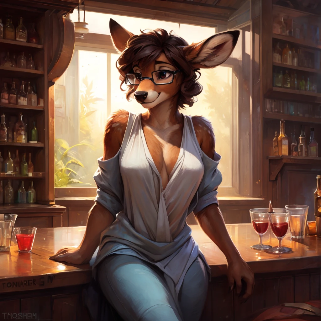 uploaded on e621, by Pixelsketcher, by Bayard Wu, by Thomas Benjamin Kennington , by Einshelm, by hioshiru and kenket, Chunie, portrait, solo anthro female deer doe, tiny featureless breasts, tiny breasts, clear dark blue, cinematic lighting, sitting on a bar counter, sitting inside at a party bar, night club background, shiny, short curly dark brown hair, shoulder length hair, wears big black nerd glasses, very very beautiful furry art, furry art, thoughtful, shiny, feminine, cute face, muzzle, fluffy chest, flawless face, Fallow deer, 1girl, Sakimichan is beautiful, Masterpiece, Wavethesallow Face, shiny, Detailed image, Detailed background, portrait, Detailed image, portrait, wears pure white wide, big blouse, shiny, realistic face, perfect anatomy, hourglass body, anthropomorphic deer, happy, very happy, small ears, huge black nerd glasses, wide happy eyes, smiles, big smile, holdind a cocktail glass, hourglass body, (furry body:1.1), anthropomorphic deer, small fluffy tail, detailed background, (cute anatomy:1.1), looks into the distance, sexy, sexy look