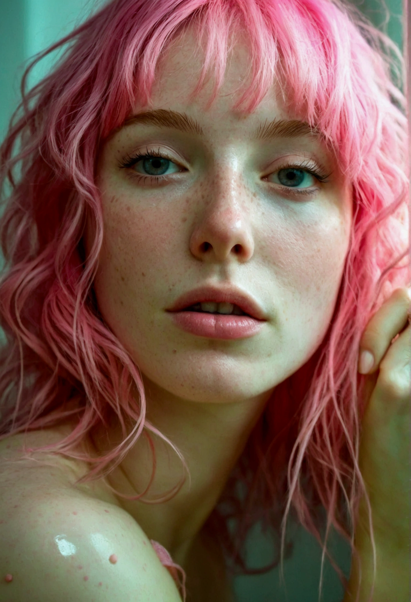 Pale skin curly pink hair woman standing in bathroom full body 