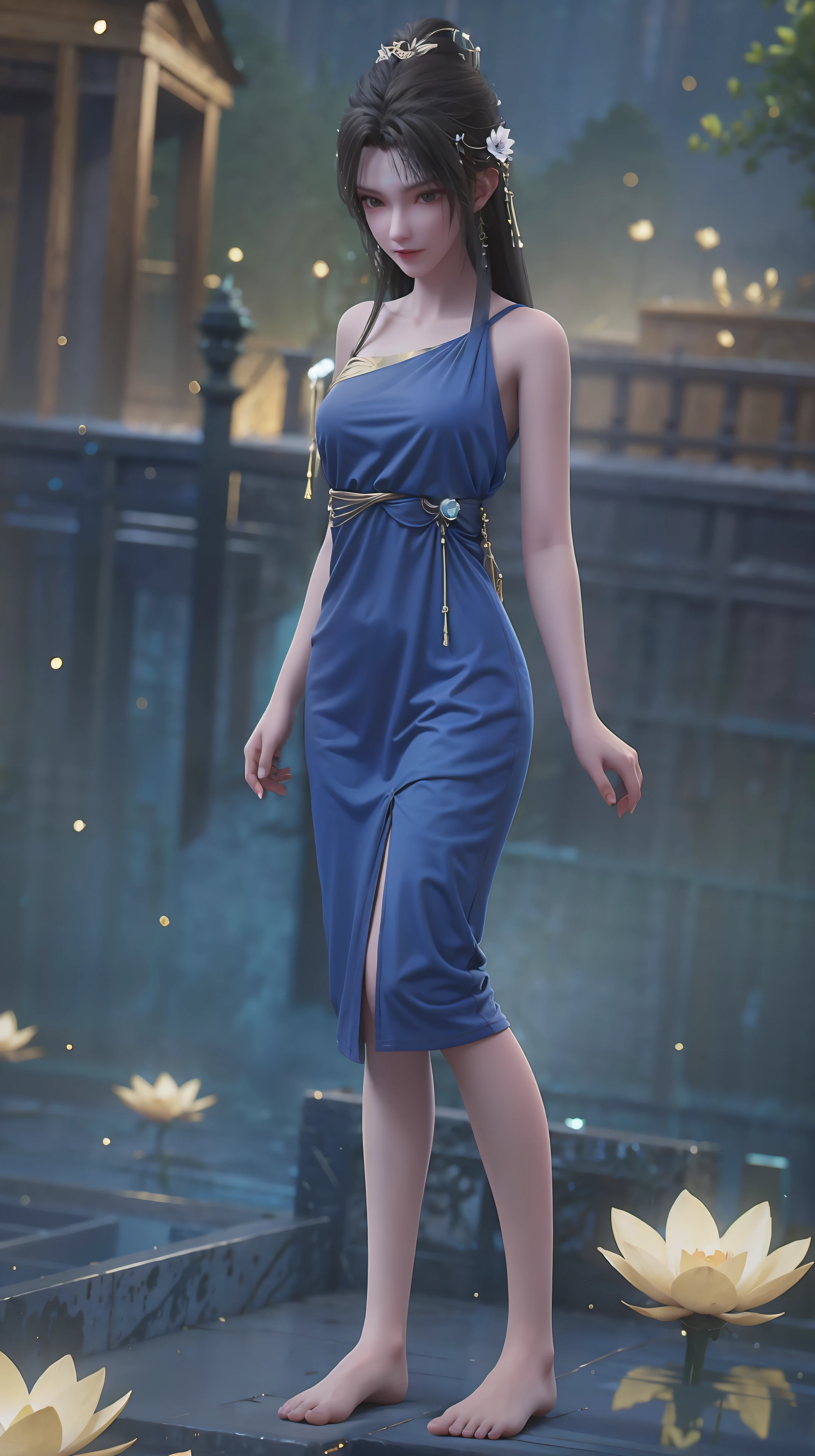 A girl bathing in water,Showering above the shoulders while bathing in water,Wearing full body pajamas,Hold your hands to your chest,Cover your chest with your hands,Golden glowing lotus on the water,Only the shoulders are exposed in the water,In water from shoulders down,Look at the camera