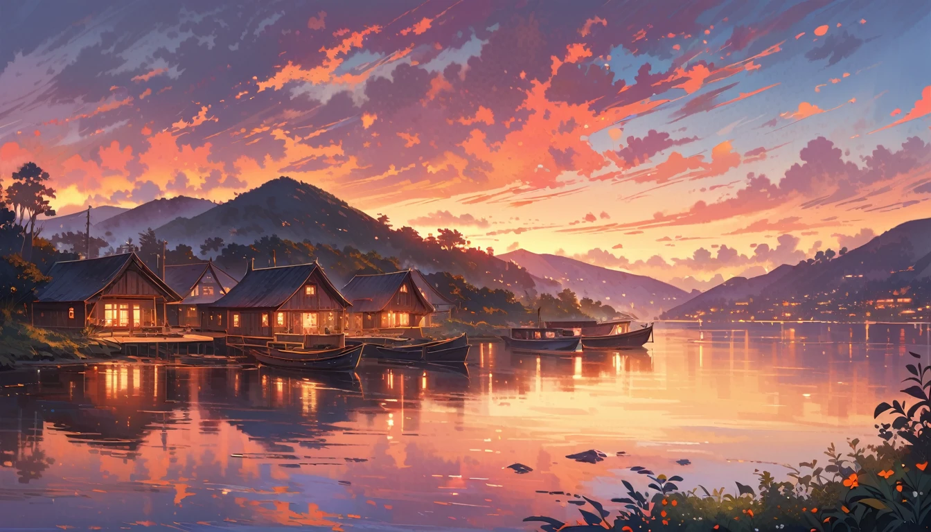 “It represents the British Colonization in Australia at dawn. The landscape shows the coast of Sydney in 1788: a wide bay with calm waters, small boats docked near the shore and hills covered with vegetation in the background. Use warm tones (Golden, oranges and pinks) for heaven. The style must be realistic, with sharp details on the boats, wooden structures and British settlers. Adds a soft glow around the rising sun and reflections in the water.”