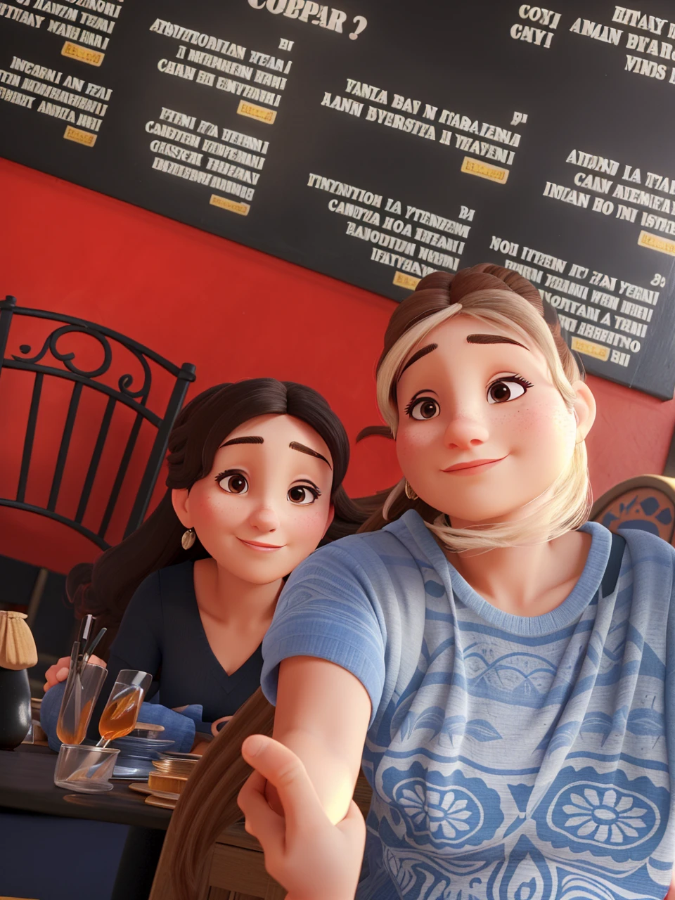 A woman in an Italian cantina, glad, without wrinkle, nose a little thinner, looking at the camera