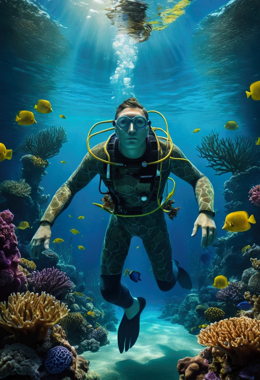 masterpiece,top-quality,Big underwater drowned man,Deep sea scenery,Beautiful detailed eyes,Ultra-detailed skin,Floating seaweed,dreamy colors,Soft lighting,hight resolution,nffsw,Ethereal scene in the water,Marine life,Mysterious atmosphere,Tranquility and peace,Underwater coral reefs,Sunlight penetrating the surface of the water,Onylic Landscape,Dreamy underwater journey,Bright blue tones,Magical creatures,peaceful expression