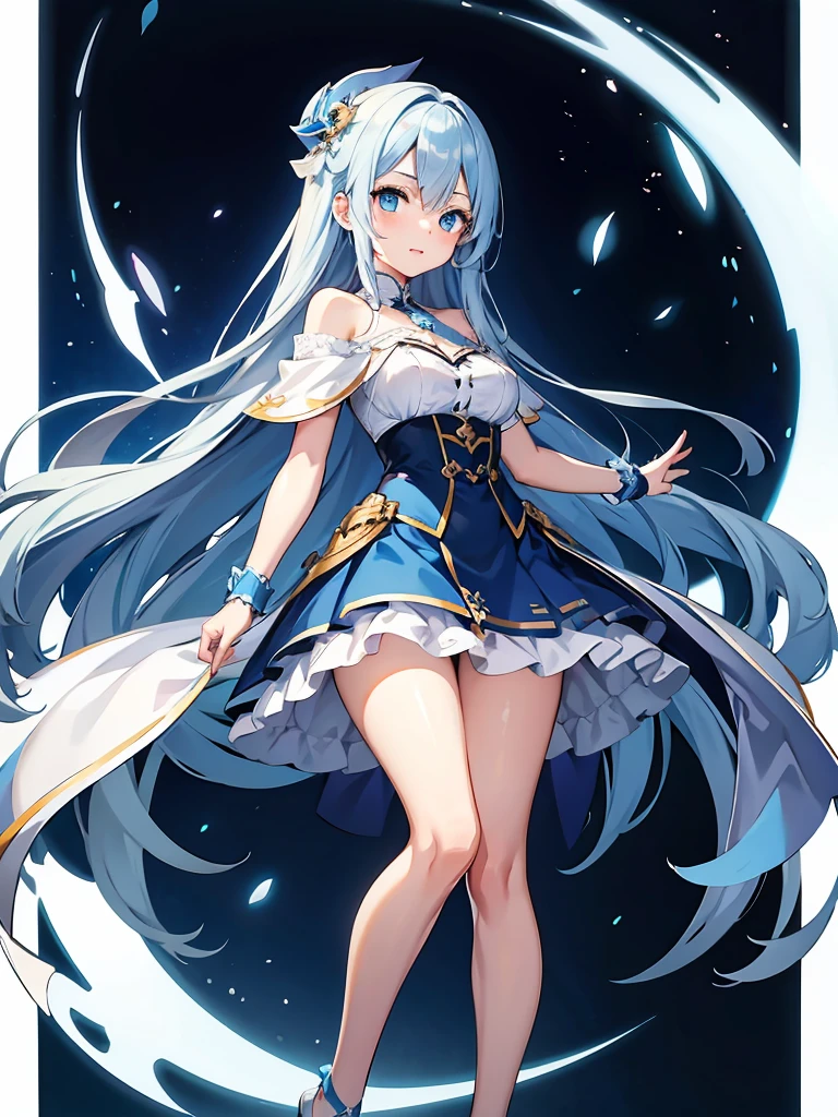 masterpiece,high quality,(full body 1.2),animated standing portrait, white cape and blue shirt,(blue hair 1.4),anime girl with long blue hair and blue eyes,(detailed eyes 1.6),(clear eyes 1.4),(beautiful eyes 1.4),(shining eyes 1.4),white cyan, from arc knights, blue hair, shining blue eyes, blue eyes, detailed key animated art, animated portrait, shining blue eyes, Pixiv digital art, blue haired girl, blue white hair, frilly skirt, thighs, 4K