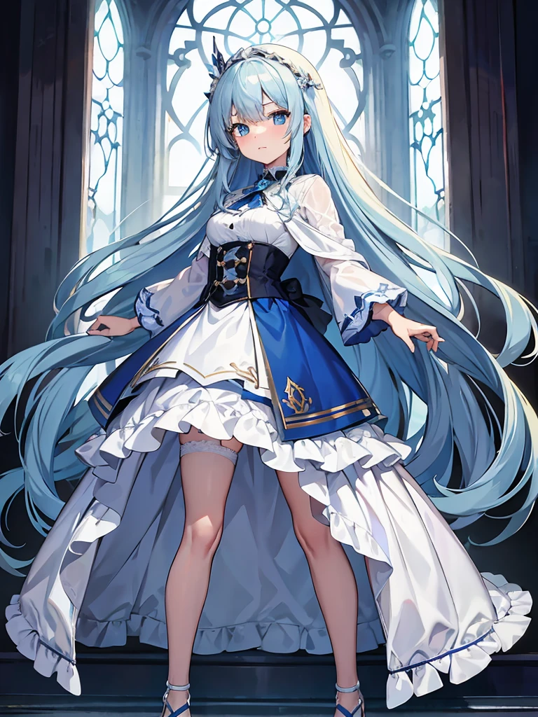 masterpiece,high quality,(full body 1.2),animated standing portrait, white cape and blue shirt,(blue hair 1.4),anime girl with long blue hair and blue eyes,(detailed eyes 1.6),(clear eyes 1.4),(beautiful eyes 1.4),(shining eyes 1.4),white cyan, from arc knights, blue hair, shining blue eyes, blue eyes, detailed key animated art, animated portrait, shining blue eyes, Pixiv digital art, blue haired girl, blue white hair, frilly skirt, thighs, 4K