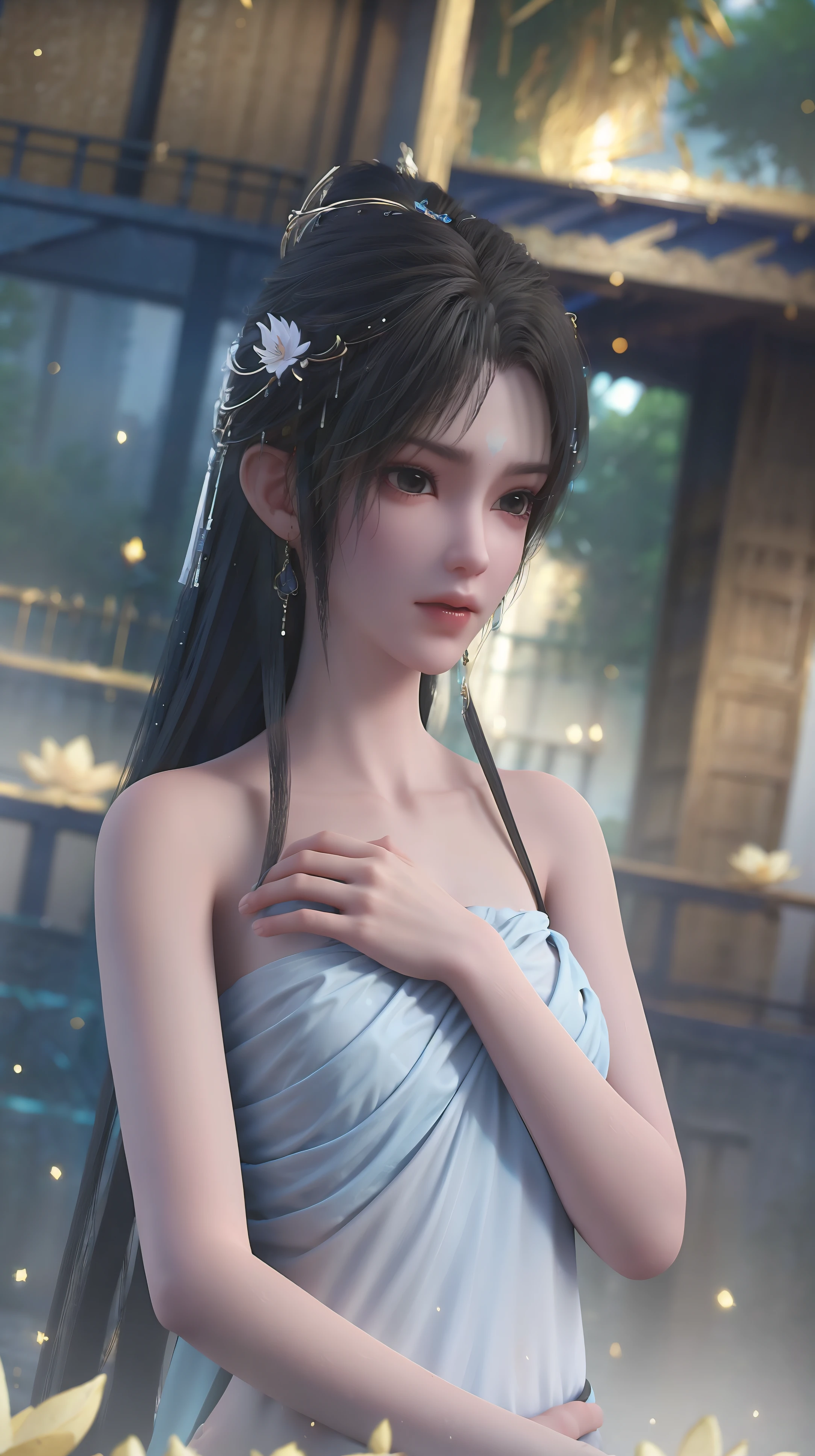 A girl bathing in water,Showering above the shoulders while bathing in water,No clothes,Hold your hands to your chest,Cover your chest with your hands,Golden glowing lotus on the water