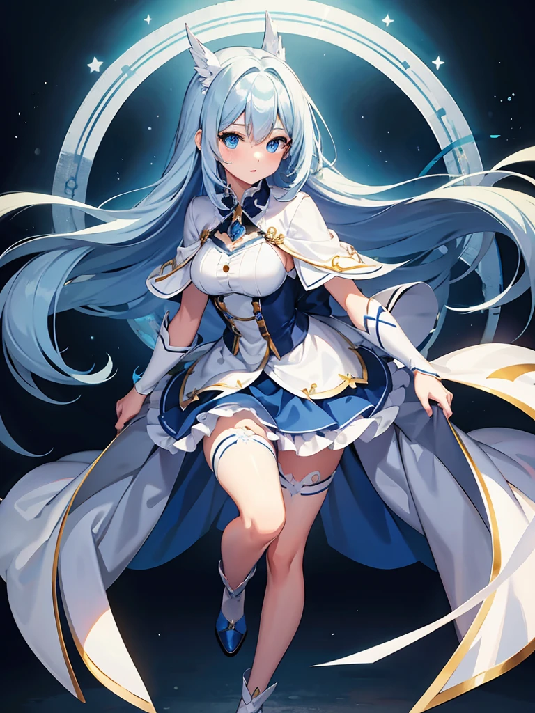 masterpiece,high quality,(full body 1.2),animated standing portrait, white cape and blue shirt,(blue hair 1.4),anime girl with long blue hair and blue eyes,(detailed eyes 1.6),(clear eyes 1.4),(beautiful eyes 1.4),(shining eyes 1.4),white cyan, from arc knights, blue hair, shining blue eyes, blue eyes, detailed key animated art, animated portrait, shining blue eyes, Pixiv digital art, blue haired girl, blue white hair, frilly skirt, thighs, 4K