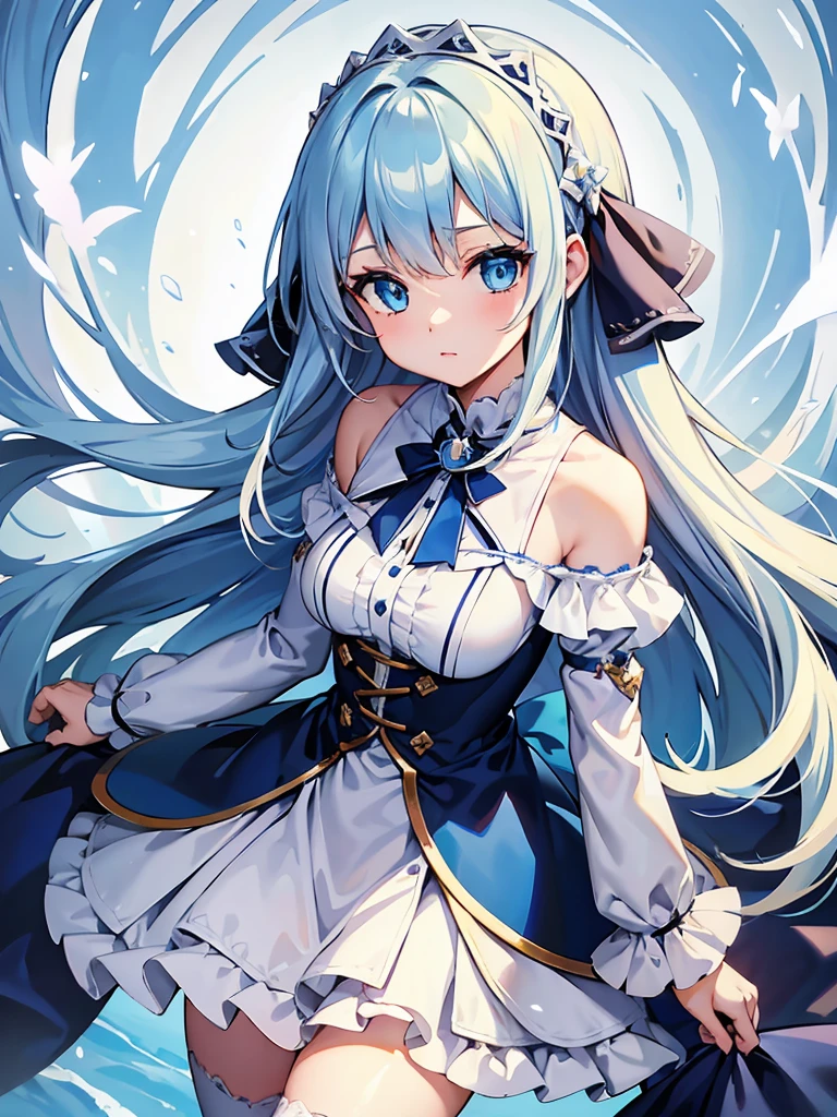 masterpiece,high quality,(full body 1.2),animated standing portrait, white cape and blue shirt,(blue hair 1.4),anime girl with long blue hair and blue eyes,(detailed eyes 1.6),(clear eyes 1.4),(beautiful eyes 1.4),(shining eyes 1.4),white cyan, from arc knights, blue hair, shining blue eyes, blue eyes, detailed key animated art, animated portrait, shining blue eyes, Pixiv digital art, blue haired girl, blue white hair, frilly skirt, thighs, 4K