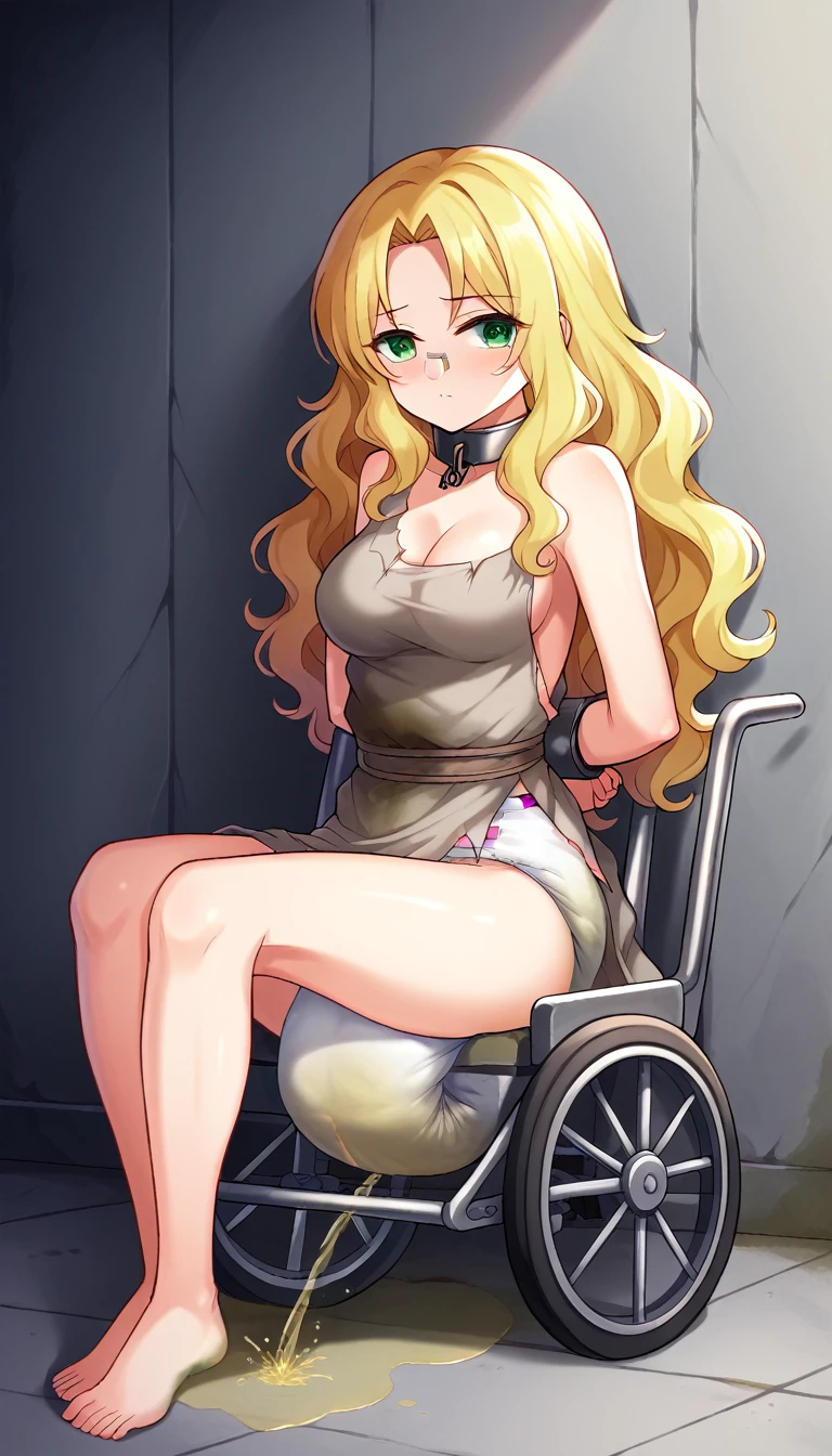 Anime. 1 Girl. Cutie. Amputee. Slave. Disabled person. Quadruple amputation. Blonde. Long hair. Wavy hair. Green eyes. Beautiful eyes. Perfect eyes. Expressive eyes. Ideal face. Beautiful nose. A runny nose. Snot flows from the nose. 16 years. Medium breasts. Beautiful breasts. Period. Menstruation. The crotch is covered in blood. The perineum is bleeding. Urinary incontinence. Wants to pee. I need to pee. A strong, desperate urge to pee. She peed herself. She peed in her panties. Urine leaks from the perineum onto the floor. Urine runs down my thighs. Ideal anatomical body. Body with amputated limbs. Armless. Legless. Dirty tunic. Torn tunic. Slave collar. Diaper. Dirty diaper. Sitting at full height. Sits in a wheelchair. Fantasy city. Sits in a wheelchair
in the middle of the street, in the slave market. Beautiful character design. Shiny skin. Whole body. NSFW. Official art. Extremely detailed CG Unity 8k wallpaper. Ideal lighting. Ultra high resolution 4K. Super detailed 8K resolution. A high resolution.