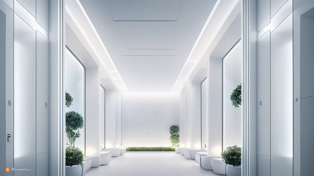 a technology lab hallway, 2 side is big open window, outside window is green garden, masterpiece, best quality, (extremely detailed CG unity 8k wallpaper), (best quality), (best illustration), (best shadow), absurdres, realistic lighting, (Abyss), beautiful detailed glow, art by PeterMohrBacher,