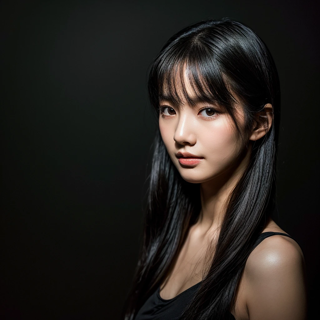 A young woman with a fair complexion poses elegantly against a dark background. She has her hair tied back and is wearing a black spaghetti-strap top. Her expression is calm and serene, with a slight touch of gloss on her lips and subtle makeup accentuating her natural beauty. Her hands are gently clasped together in front of her, adding to the sophisticated and graceful vibe of the portrait.