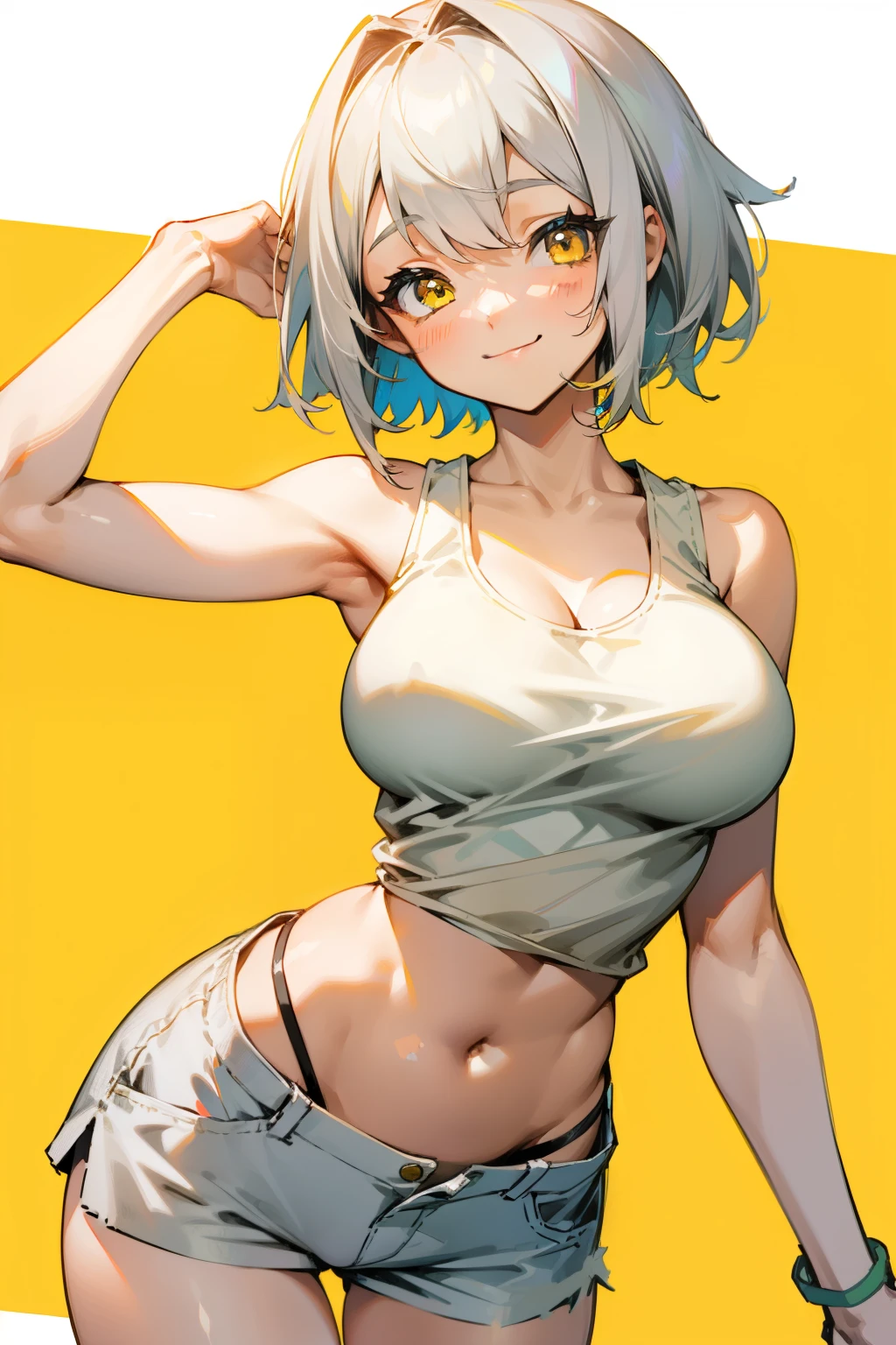 Cute girl, short gray hair, yellow eyes, smile, white tank top, big breasts, exposed stomach, short pants,