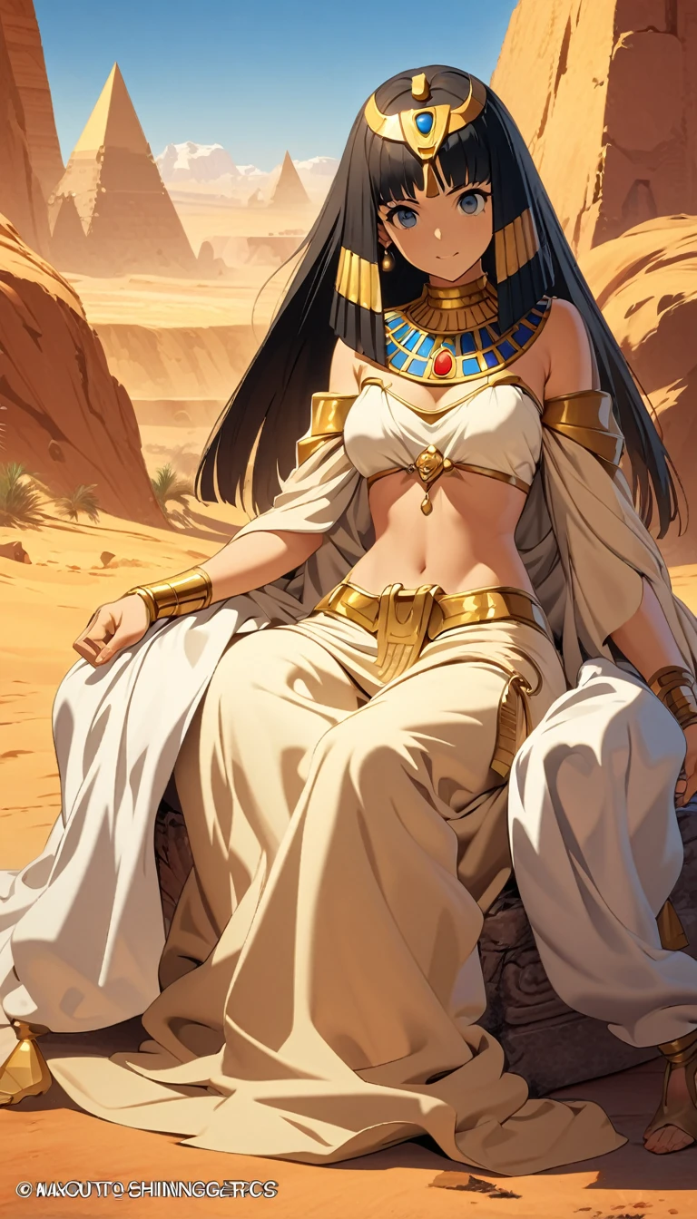 Desert Princess,Sitting,Egyptian style,style,Gold Jewelry,High Saturation,CG Art, Makoto Shinkai's photo, pure, Concept Art, Lofi Art style,新海诚动画艺术style, Lofi Art, Beautiful anime scene, Anime Landscape, Detailed scenery, 新海诚的style, 新海诚的style, Enhance Details