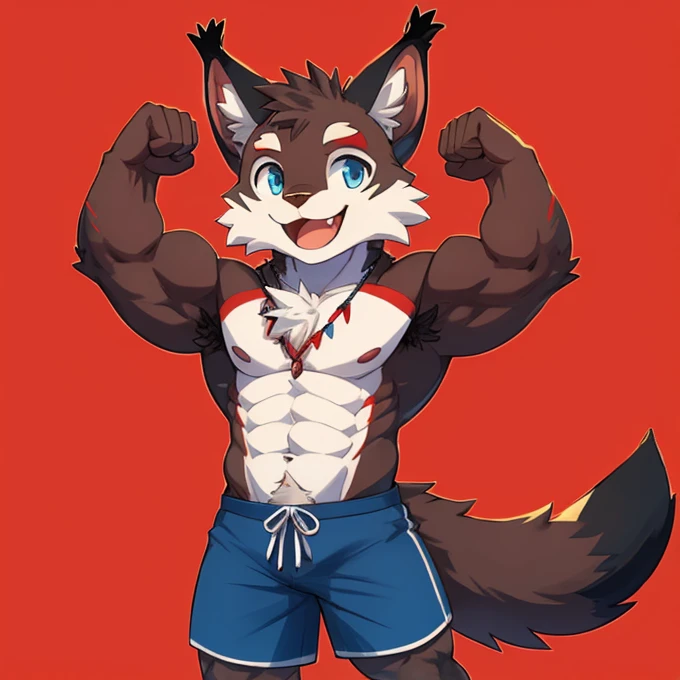 (Furry lynx cat)​, (chibi), black fur, summer shorts outfit, cute, blue eyes, red chest fluff, red eyebrows, black tail with red tip, red whiskers, happy, smlie, correct Anatomy, correct hand, ((white background))​, (Acting happy), (hands up)​, enjoy, ((front view)), full body, sexy, (flexing), (muscle), black tail, black tail red tail tip, red eyebrows, red chest hair