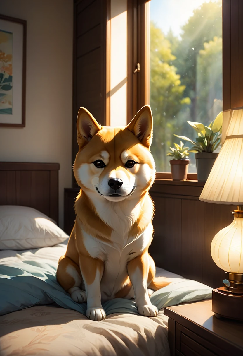 The Shiba Inu wakes up in the morning, looking tired and reluctant to get out of bed. The bedroom is cozy with a window showing the morning light. The Shiba Inu has a sad expression, and the room has a warm, comfortable atmosphere with soft bedding and a bedside table with a lamp.