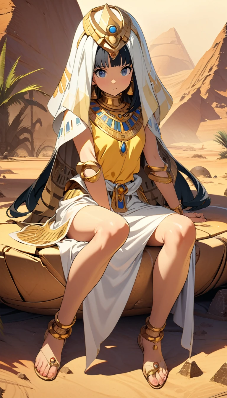 Desert Princess，Sitting，Egyptian style，style，Gold Jewelry，High Saturation，CG Art， Makoto Shinkai&#39;s photo, pure, Concept Art, Lofi Art style，新海诚动画艺术style, Lofi Art, Beautiful anime scene, Anime Landscape, Detailed scenery, 新海诚的style, 新海诚的style, Enhance Details