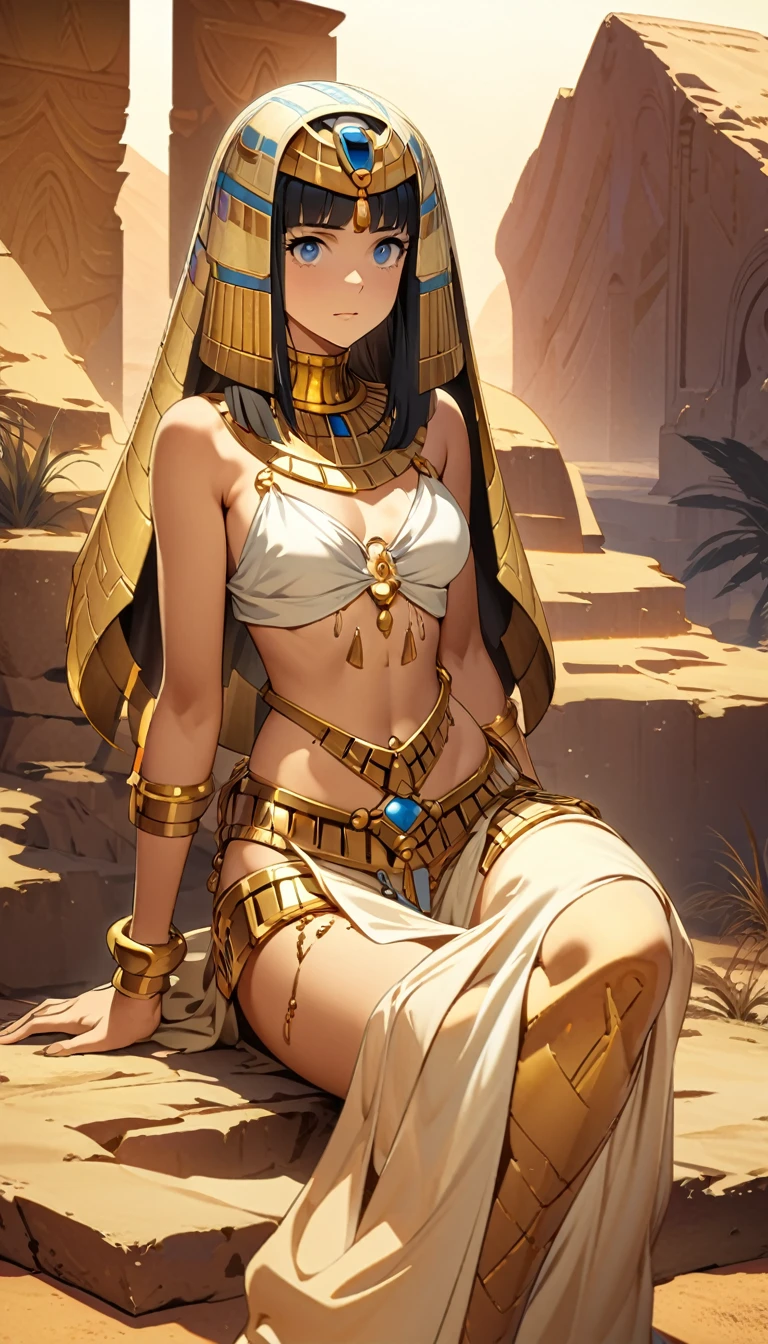 Desert Princess,Sitting,Egyptian style,style,Gold Jewelry,High Saturation,CG Art, Makoto Shinkai's photo, pure, Concept Art, Lofi Art style,新海诚动画艺术style, Lofi Art, Beautiful anime scene, Anime Landscape, Detailed scenery, 新海诚的style, 新海诚的style, Enhance Details