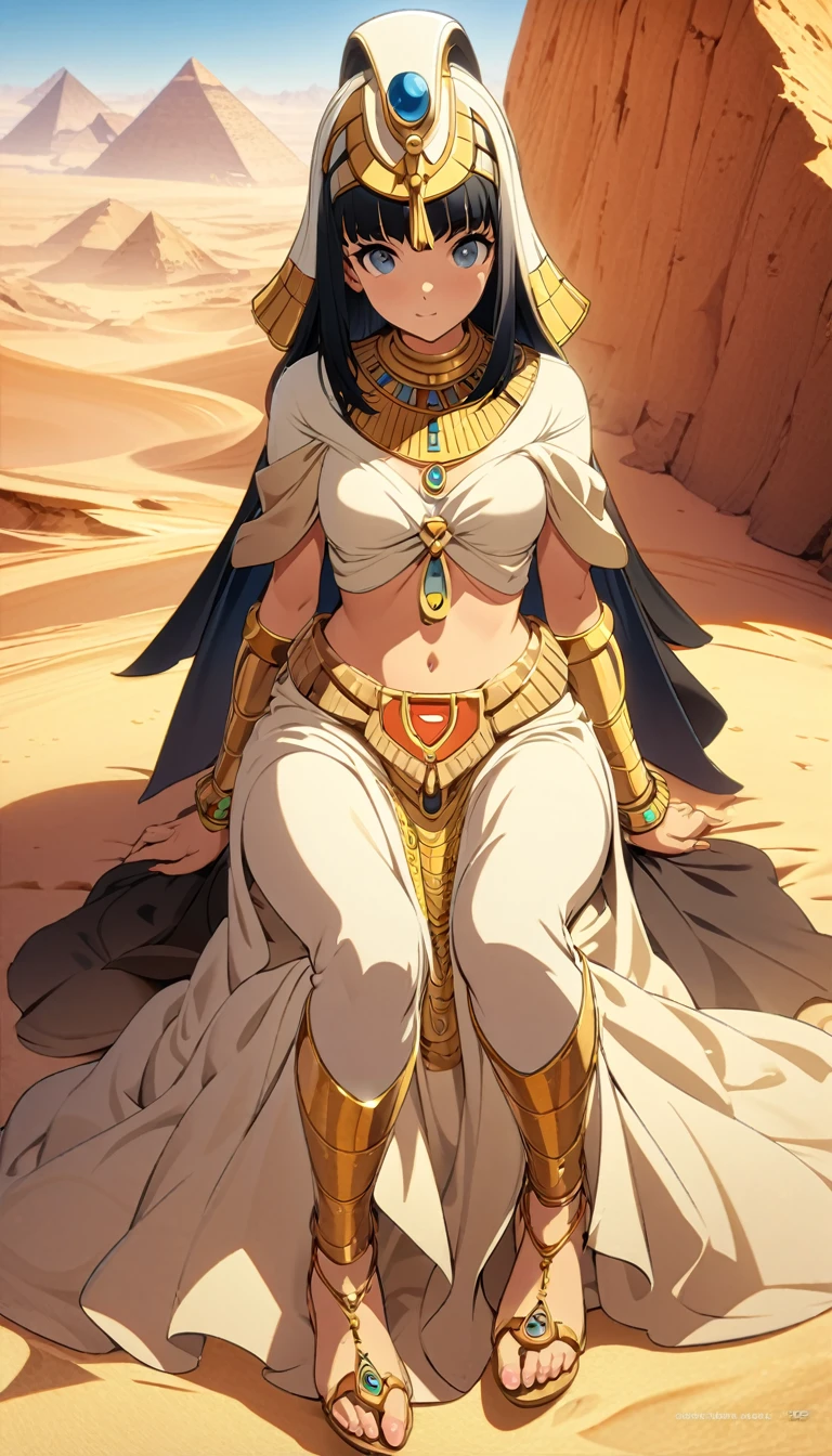 Desert Princess,Sitting,Egyptian style,style,Gold Jewelry,High Saturation,CG Art, Makoto Shinkai's photo, pure, Concept Art, Lofi Art style,新海诚动画艺术style, Lofi Art, Beautiful anime scene, Anime Landscape, Detailed scenery, 新海诚的style, 新海诚的style, Enhance Details