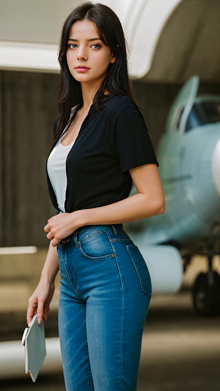 RAW photo of an elegant girl, 25 years old, European, light green eyes, black hair blurred background, full body plane, blue jeans, white shirt, looking at camera, cinematic, small details, photorealistic, ultrarealistic photo, 8k uhd, dslr, soft lighting, high quality, film grain, Fujifilm XT3, (masterpiece),  