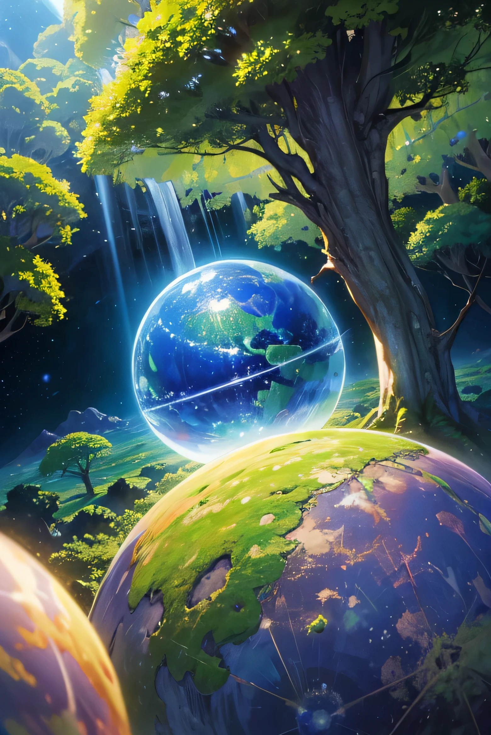 (((masterpiece))) (((best quality))) glass sphere, close-up of a planet with a bunch of trees on it, overgrown planet, green planet, fractal world, A rich fantasy world, fantasy planet, dyson sphere, pink planet, 3D rendering beep sound, planetary landscape, round planet inspired by Jofra Bosschart, planet, future world, psychedelic flower planets, mysterious world, (external radiance)