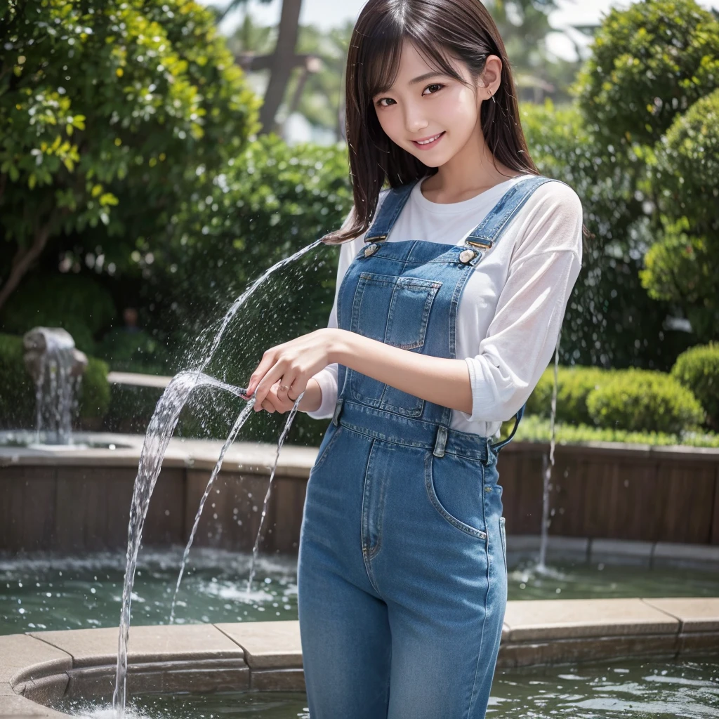 HD detailed, Super detailed, Realistic,Hyperrealism,Best image quality、Highest quality、masterpiece、Ultra-high resolution、8K、immature、Like the picture:1.5、Professional Lighting、Park fountain、Young Japanese Woman,Stylish、、Slender、、A kind smile、Wear denim overalls、Soaked clothes、Damp clothes、Back view