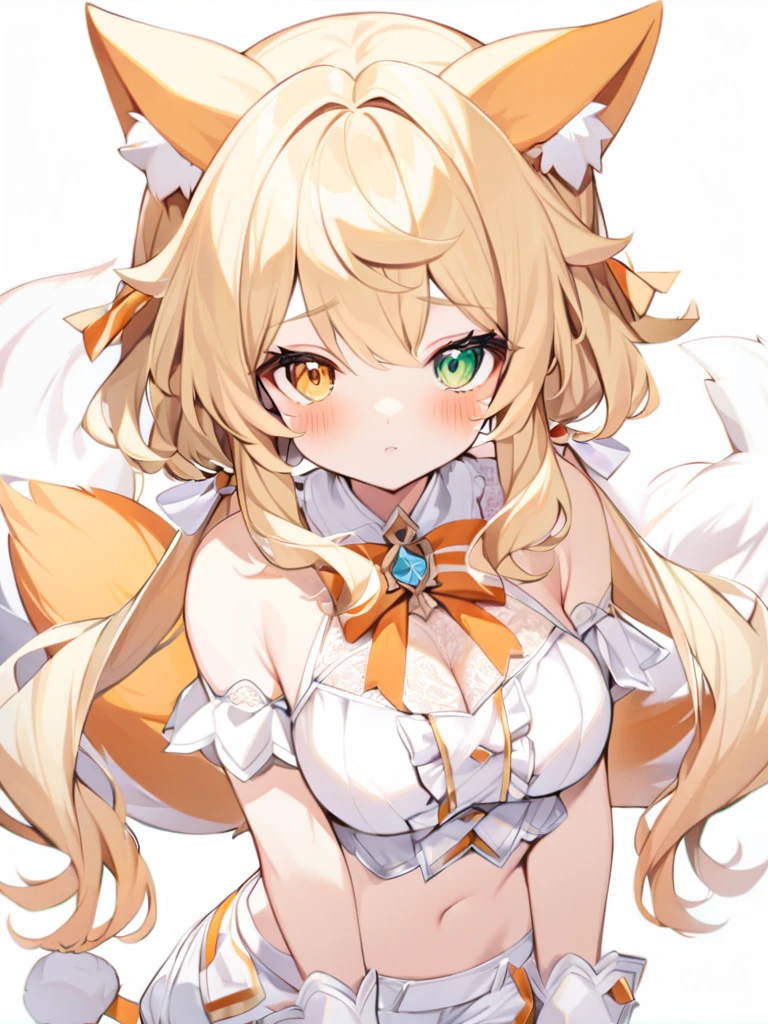 1girl, animal ears, bangs, bare shoulders, blonde hair, blush, bow, , white cleavaged torso, , green eyes, hair ribbon, heterochromia,  stlooking at viewer, , orange bow, orange eyes, orange ribbon, ears like an unearthly animal, fluffy tail, light tail, real tail, ribbon, solo, stuffed animal, stuffed bunny, stuffed toy, twintails, upper body, full-length, white legbands, white shoes with lace and white bows, white background, wrist cuffs, yellow eyes, bloomers, close-up, fair skin frills, lace, midriff, skirt, solo, , white background,shorts, white top with ribbon and lace and trousers,trousers, genshin,white slippers with a bow,All clothes are white, laceAt full height, it stands, https://t.me/StableWaif?start=c2VlZF8zNjMzMTM1OF84M2EwODJjMzQ3
