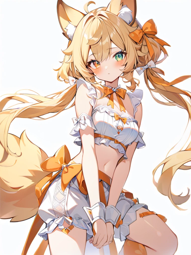 1girl, animal ears, bangs, bare shoulders, blonde hair, blush, bow, breasts, white cleavage, cropped torso, , green eyes, hair ribbon, heterochromia,  stlooking at viewer, , orange bow, orange eyes, orange ribbon, ears like an unearthly animal, fluffy tail, light tail, real tail, ribbon, solo, stuffed animal, stuffed bunny, stuffed toy, twintails, upper body, full-length, white legbands, white shoes with lace and white bows, white background, wrist cuffs, yellow eyes, bloomers, close-up, fair skin frills, lace, midriff, skirt, solo, , white background,shorts, white top with ribbon and lace and trousers,trousers, genshin,white slippers with a bow,All clothes are white, laceAt full height, it stands, https://t.me/StableWaifuBot?start=c2VlZF8zNjMzMTM1OF84M2EwODJjMzQ3
