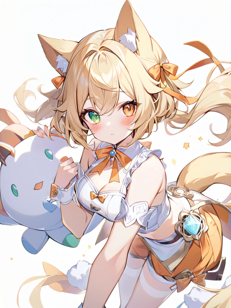 1girl, animal ears, bangs, bare shoulders, blonde hair, blush, bow, breasts, white cleavage, cropped torso, , green eyes, hair ribbon, heterochromia,  stlooking at viewer, , orange bow, orange eyes, orange ribbon, ears like an unearthly animal, fluffy tail, light tail, real tail, ribbon, solo, stuffed animal, stuffed bunny, stuffed toy, twintails, upper body, full-length, white legbands, white shoes with lace and white bows, white background, wrist cuffs, yellow eyes, bloomers, close-up, fair skin frills, lace, midriff, skirt, solo, , white background,shorts, white top with ribbon and lace and trousers,trousers, genshin,white slippers with a bow,All clothes are white, laceAt full height, it stands, https://t.me/StableWaifuBot?start=c2VlZF8zNjMzMTM1OF84M2EwODJjMzQ3