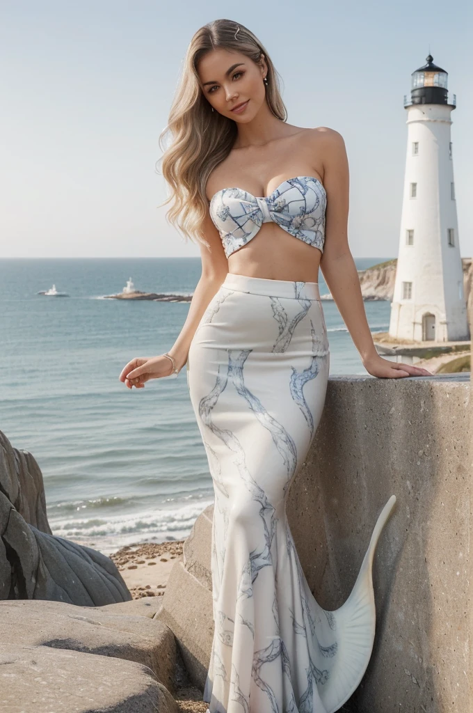 Solo realistic, 30 years old woman, 30 years old version of Madison Beer, Photorealistic, Realistic, Norwegian high nose, ((Norwegian long wavy curl blonde hair)), Norwegian pink fuller lips, ((Norwegian light brown eye)), (((body and face wrinkles))), cleavage, (((she is dressed in a white marble print mermaid skirt paired with a strapless top creates a unique and stylish ensemble that blends elegance with a contemporary twist. The skirt features a stunning marble print pattern in shades of white, and possibly hints of gray or soft pastels. The mermaid silhouette hugs the curves and flares out dramatically towards the hem, creating a graceful and feminine look. The marble print adds a sophisticated and artistic touch to the outfit, making it visually striking. The strapless top complements the marble print skirt by offering a sleek and sophisticated silhouette. It is tailored to fit snugly around the bust and may feature a sweetheart neckline or a straight-across cut, depending on the desired style. The top can be in a solid color that harmonizes with the hues in the marble print, such as white, or a complementary pastel shade))), (((She is standing seductively on a hill, before her stands a lighthouse tower, the woman is enveloped in a scene that blends coastal charm with a sense of adventure and solitude. Before her, the lighthouse tower rises against the backdrop of the sea and sky. Its sturdy form and iconic presence add a touch of maritime history and romance to the landscape. The surrounding terrain could feature coastal vegetation, rugged cliffs, or sweeping vistas of the ocean ))), she is looking at the camera smiling, (((dynamic pose)))