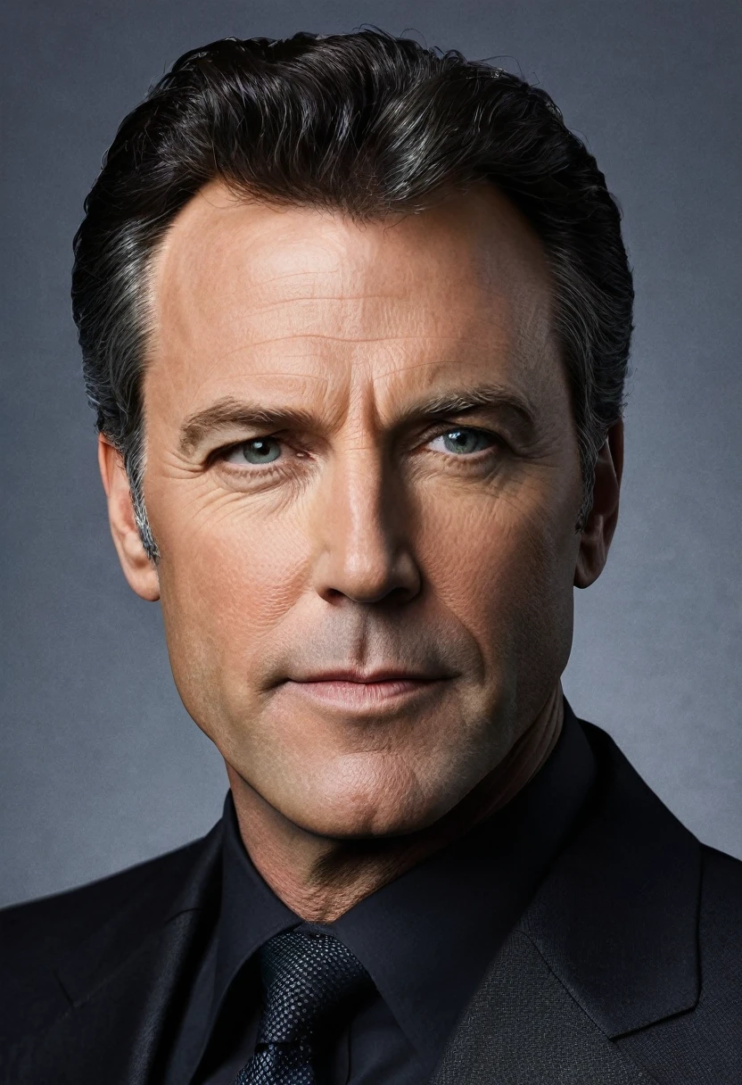 A portrait of Bruce Wayne whose facial features are a combo of Kevin Conroy + Ben Affleck + Bruce Greenwood + Michael Keaton. Bruce wears a sharp black suit. Bruce is in his mid-to-late thirties. Bruce has black hair. Symmetrical eyes. Symmetrical face. Great details. Photorealistic. Full-colored photo. Professional photo. Highly detailed 8K.