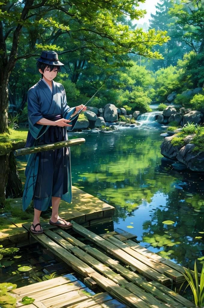 A Japanese boy with hat sitting on wood keep his legs in water surrounded with full of green trees, tree shadows falling on him, detailed boy, detailed fishes, detailed grass, detailed trees, detailed water, detailed hat, detailed shadows, best quality, highly detailed, masterpiece, 8k scene. 